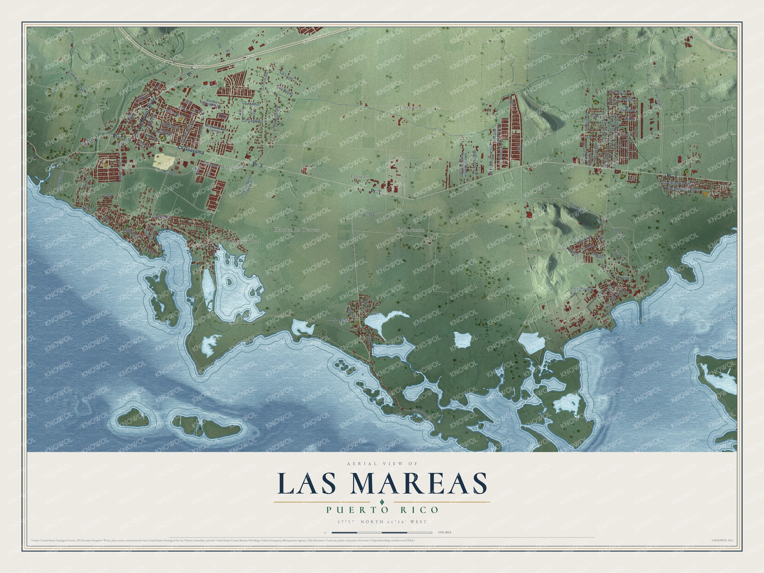 Full map of Las Mareas, Puerto Rico, with red buildings, printed street names and the land around them