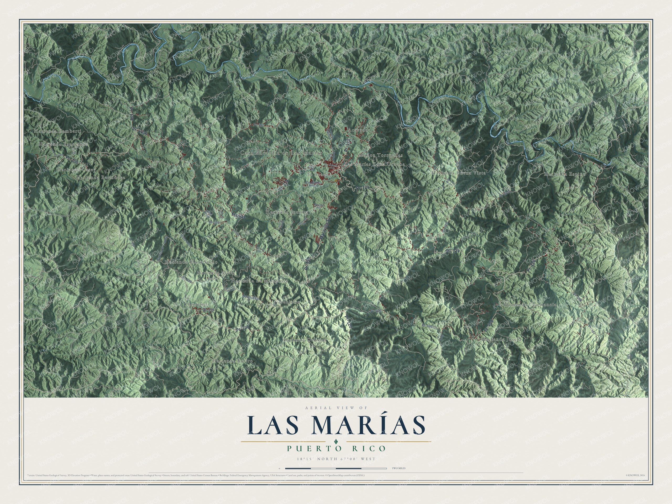 Full map of Las Marías, Puerto Rico, with red buildings, printed street names and the land around them