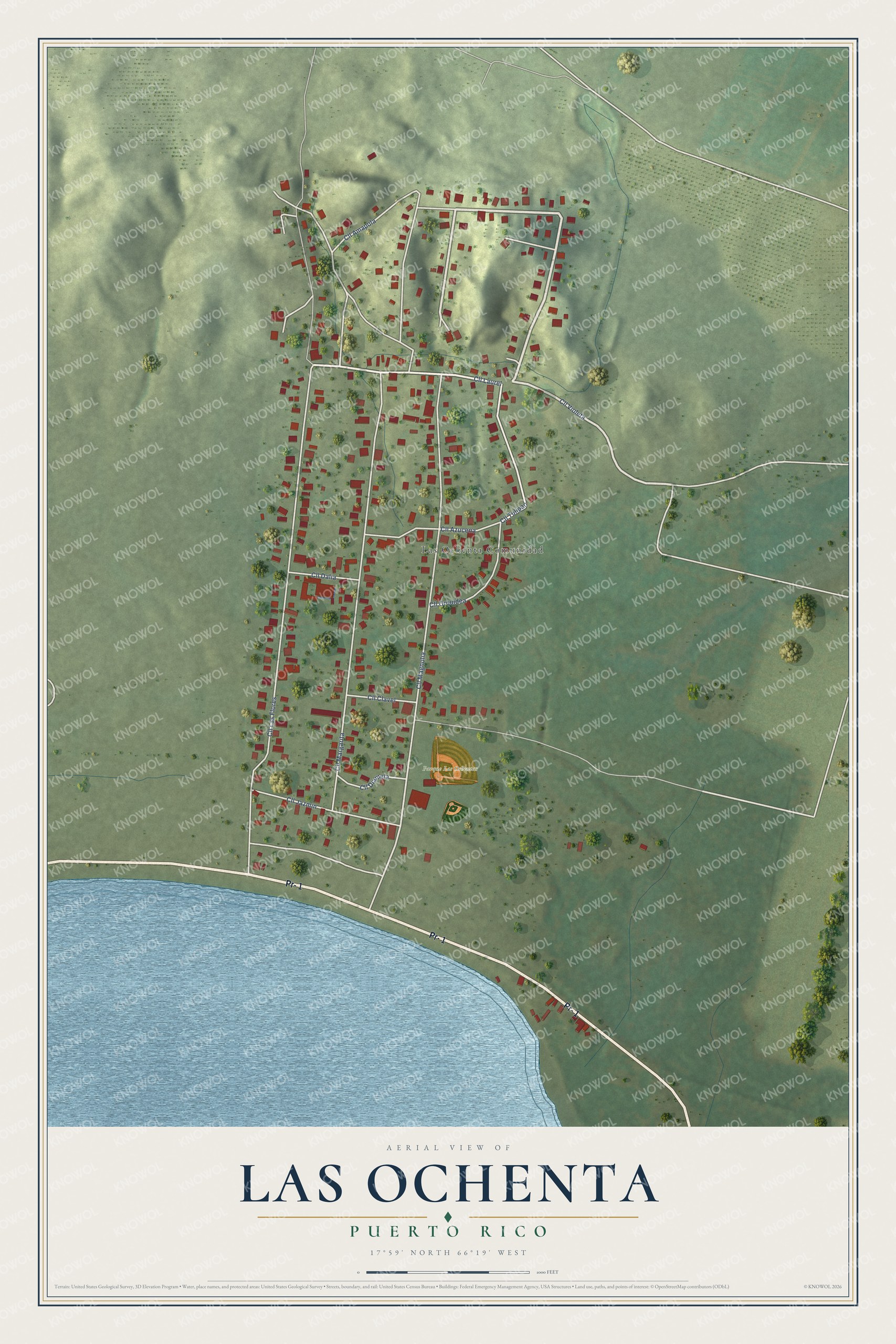 Full map of Las Ochenta, Puerto Rico, with red buildings, printed street names and the land around them