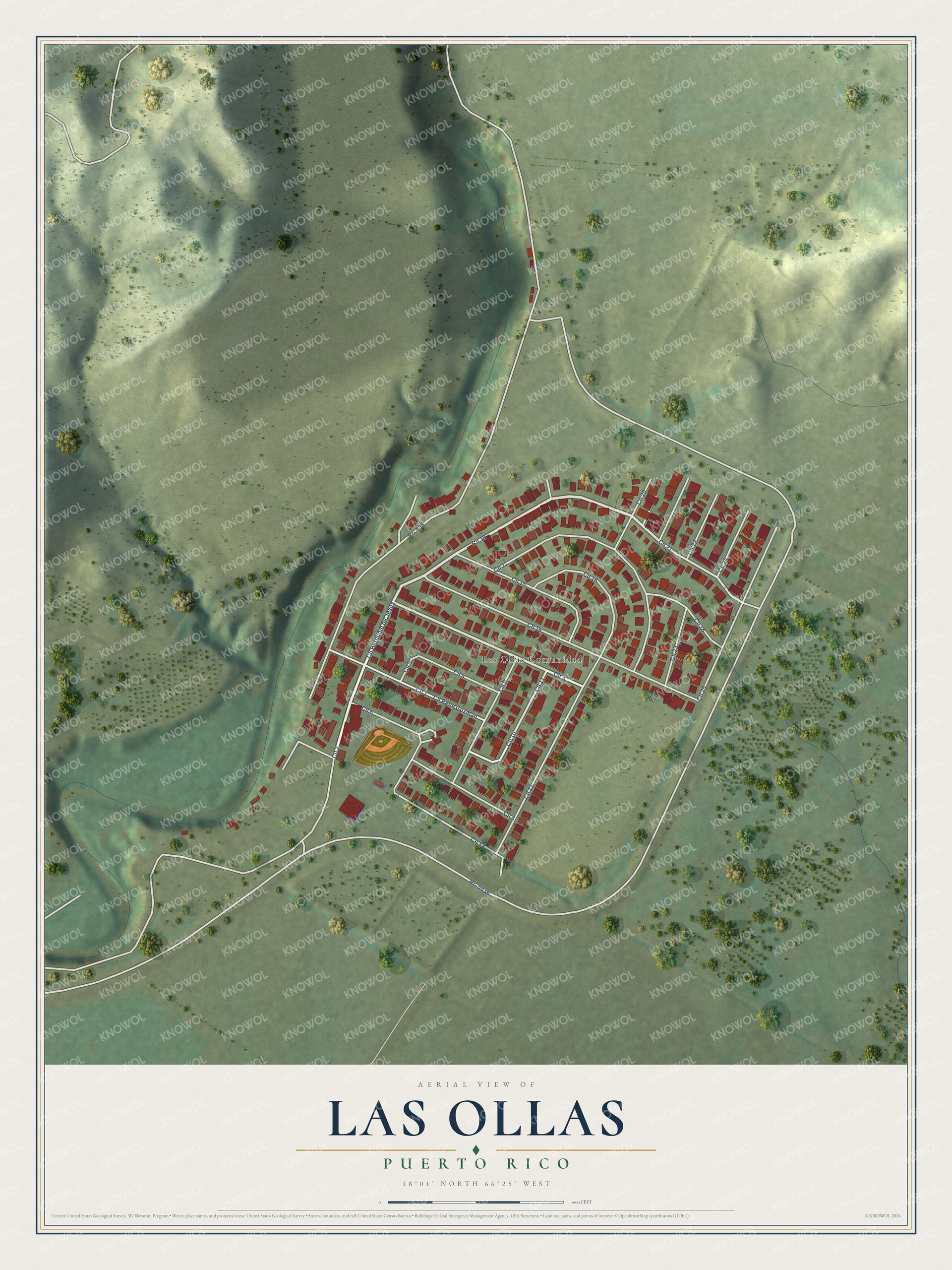 Full map of Las Ollas, Puerto Rico, with red buildings, printed street names and the land around them