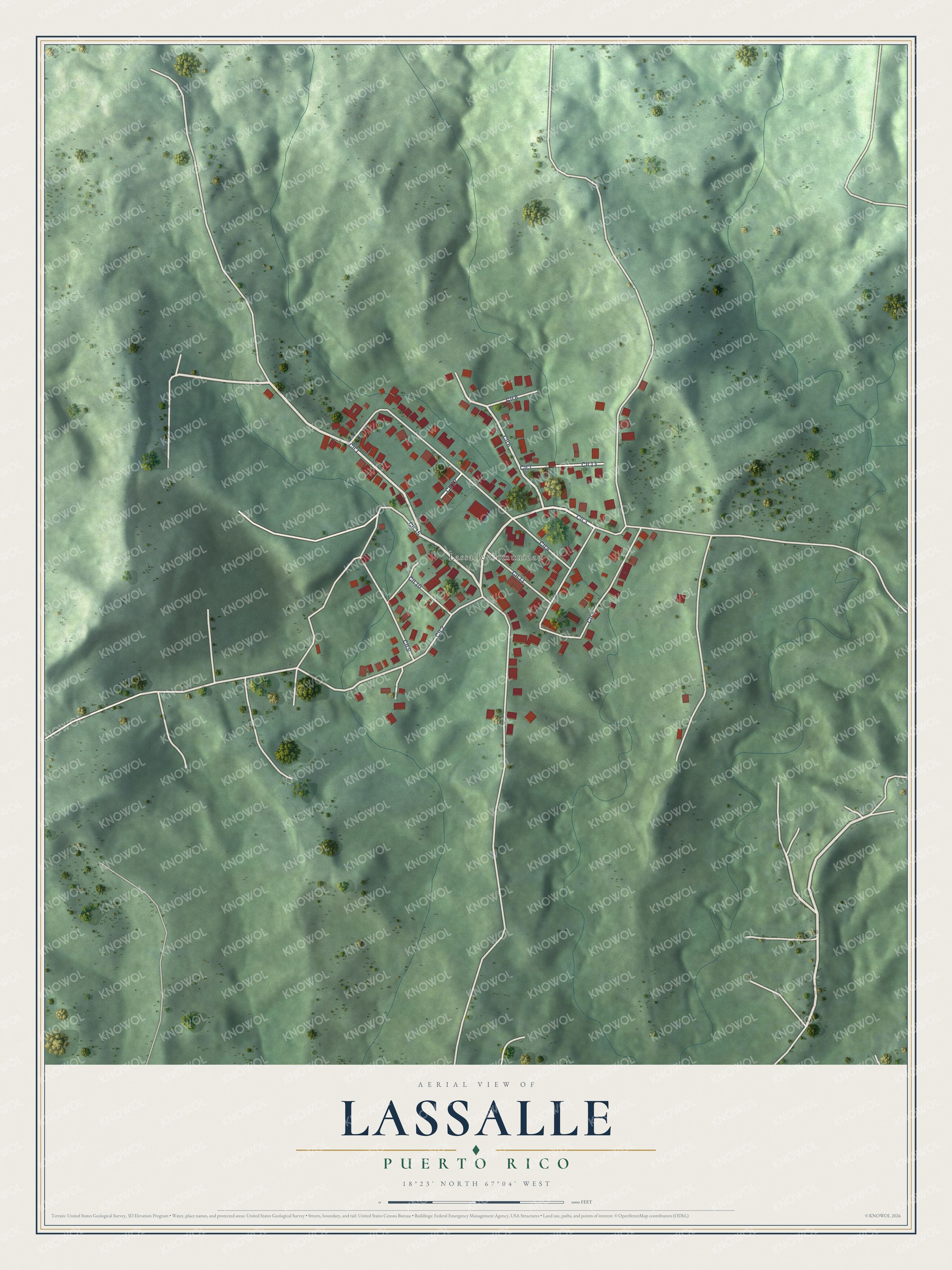 Full map of Lassalle, Puerto Rico, with red buildings, printed street names and the land around them
