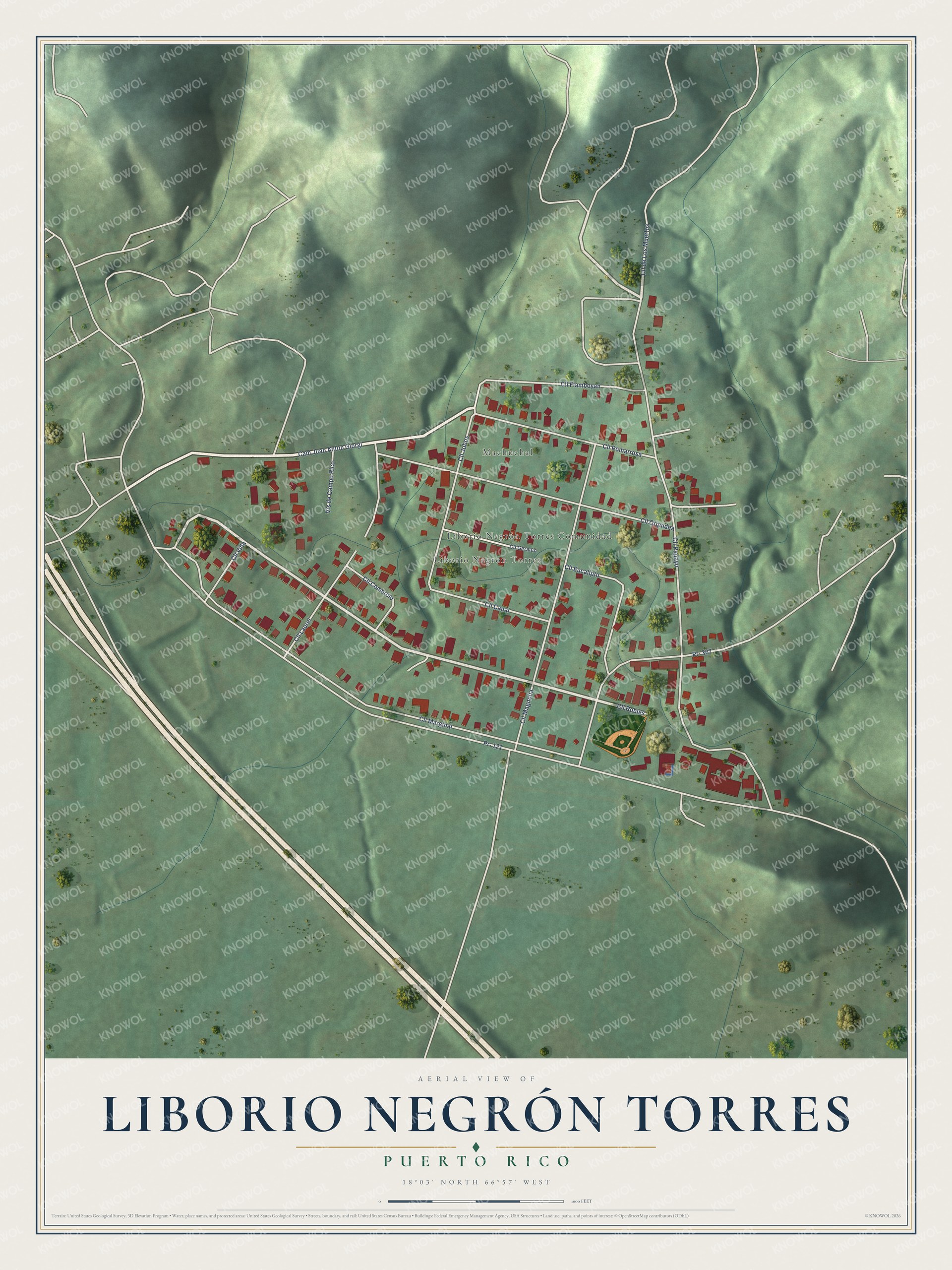 Full map of Liborio Negrón Torres, Puerto Rico, with red buildings, printed street names and the land around them