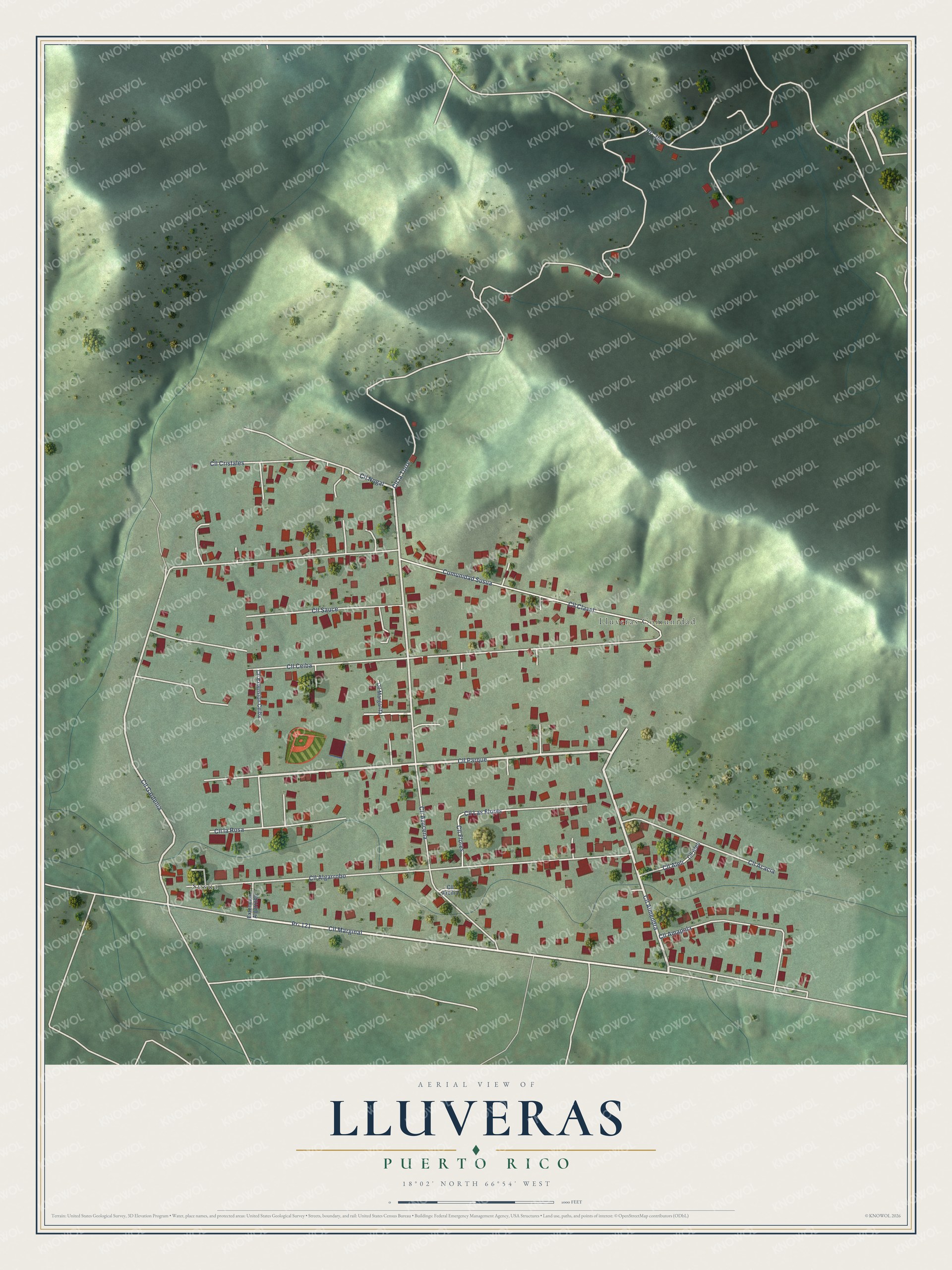Full map of Lluveras, Puerto Rico, with red buildings, printed street names and the land around them