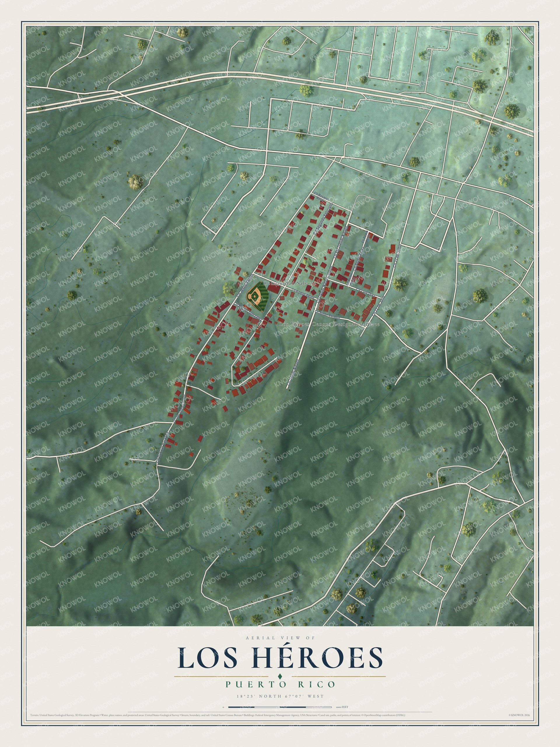 Full map of Los Héroes, Puerto Rico, with red buildings, printed street names and the land around them