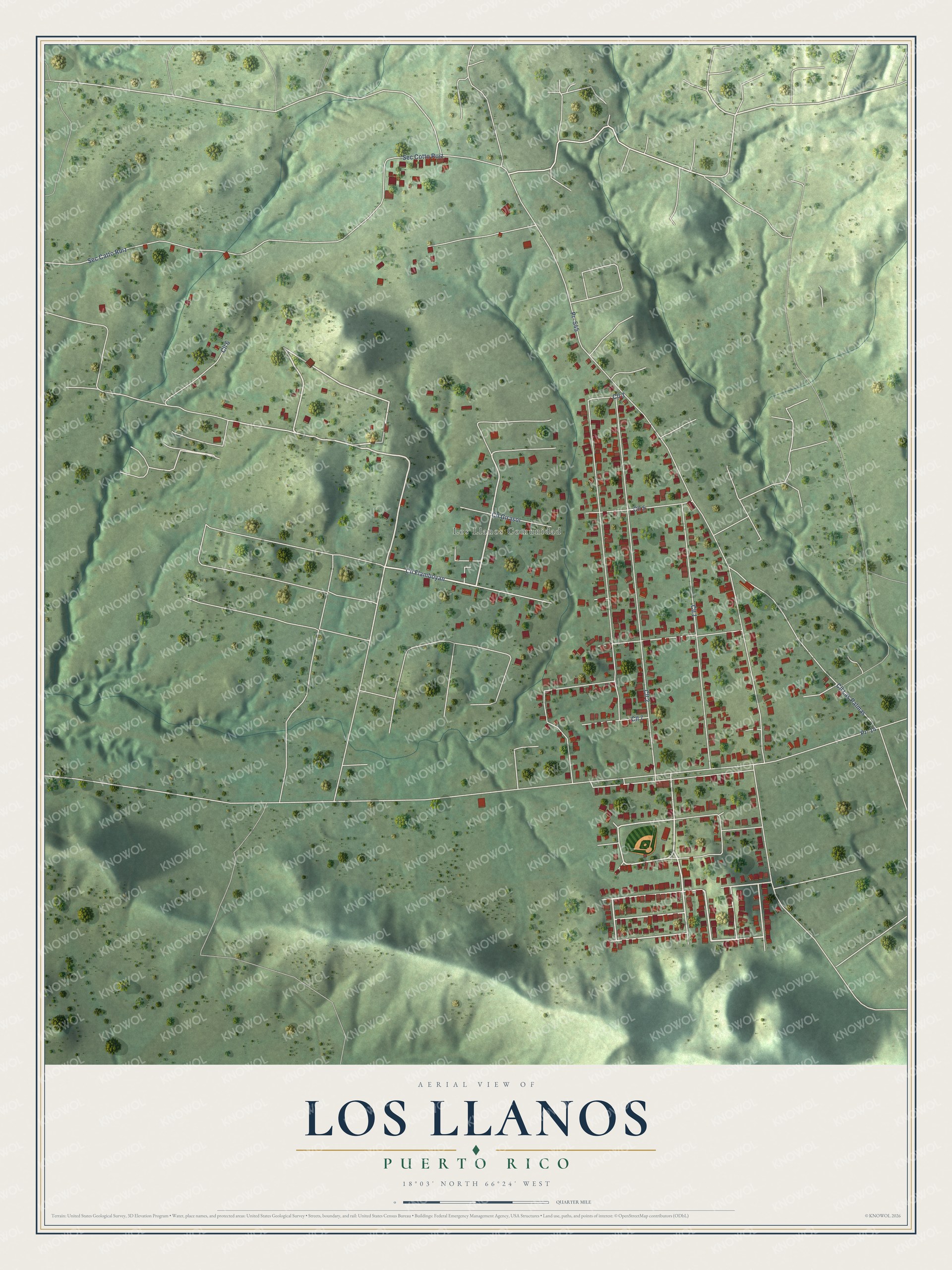 Full map of Los Llanos, Puerto Rico, with red buildings, printed street names and the land around them