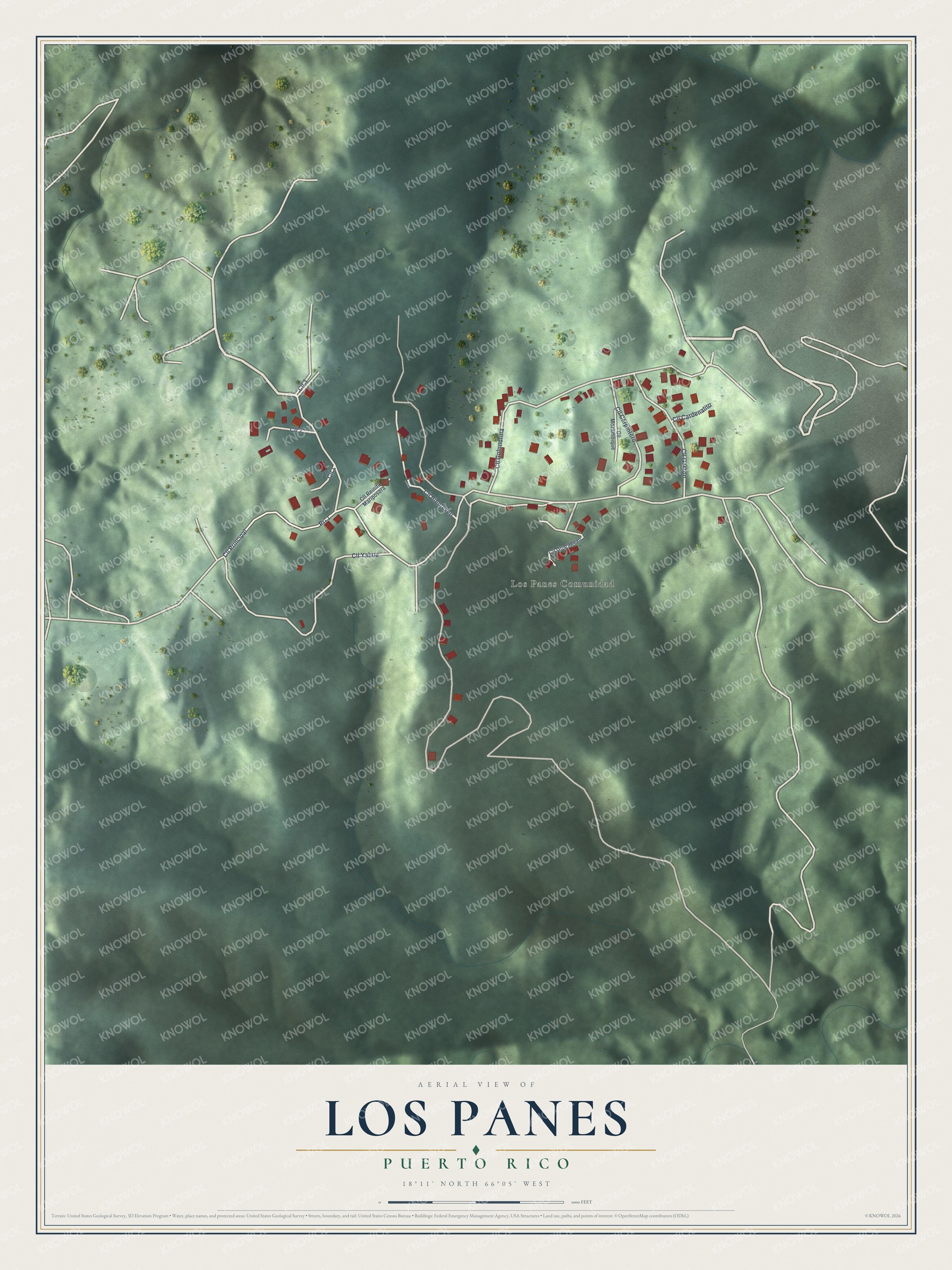 Full map of Los Panes, Puerto Rico, with red buildings, printed street names and the land around them
