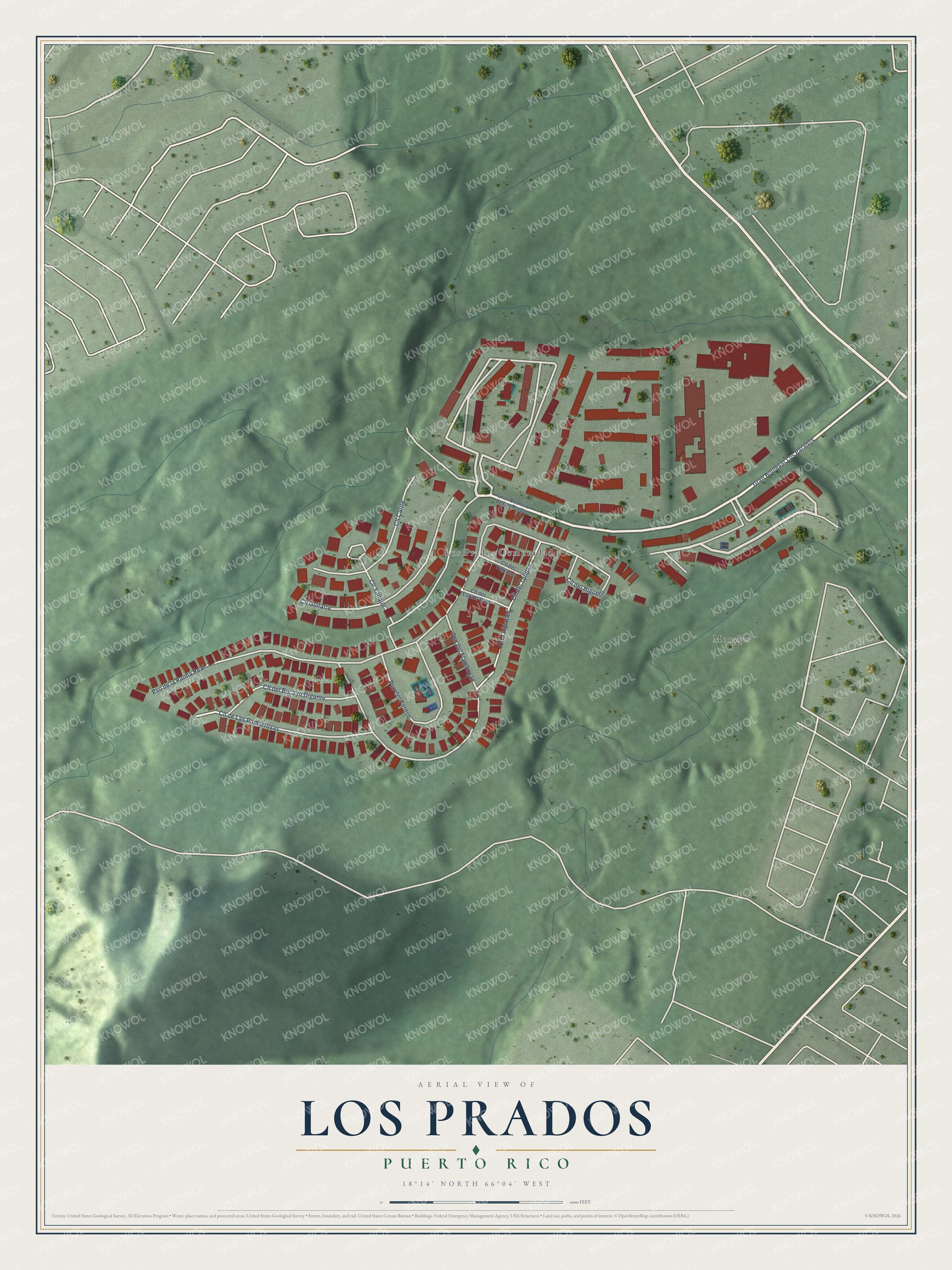 Full map of Los Prados, Puerto Rico, with red buildings, printed street names and the land around them