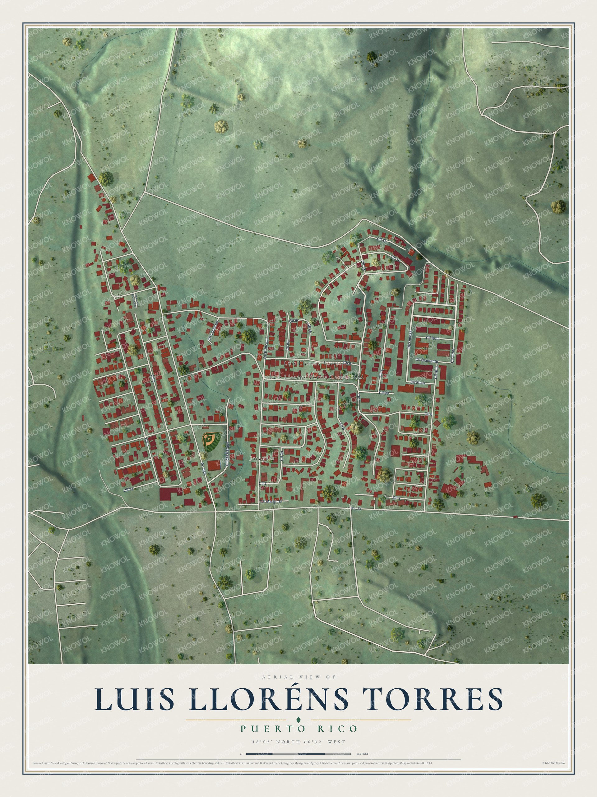 Full map of Luis Lloréns Torres, Puerto Rico, with red buildings, printed street names and the land around them