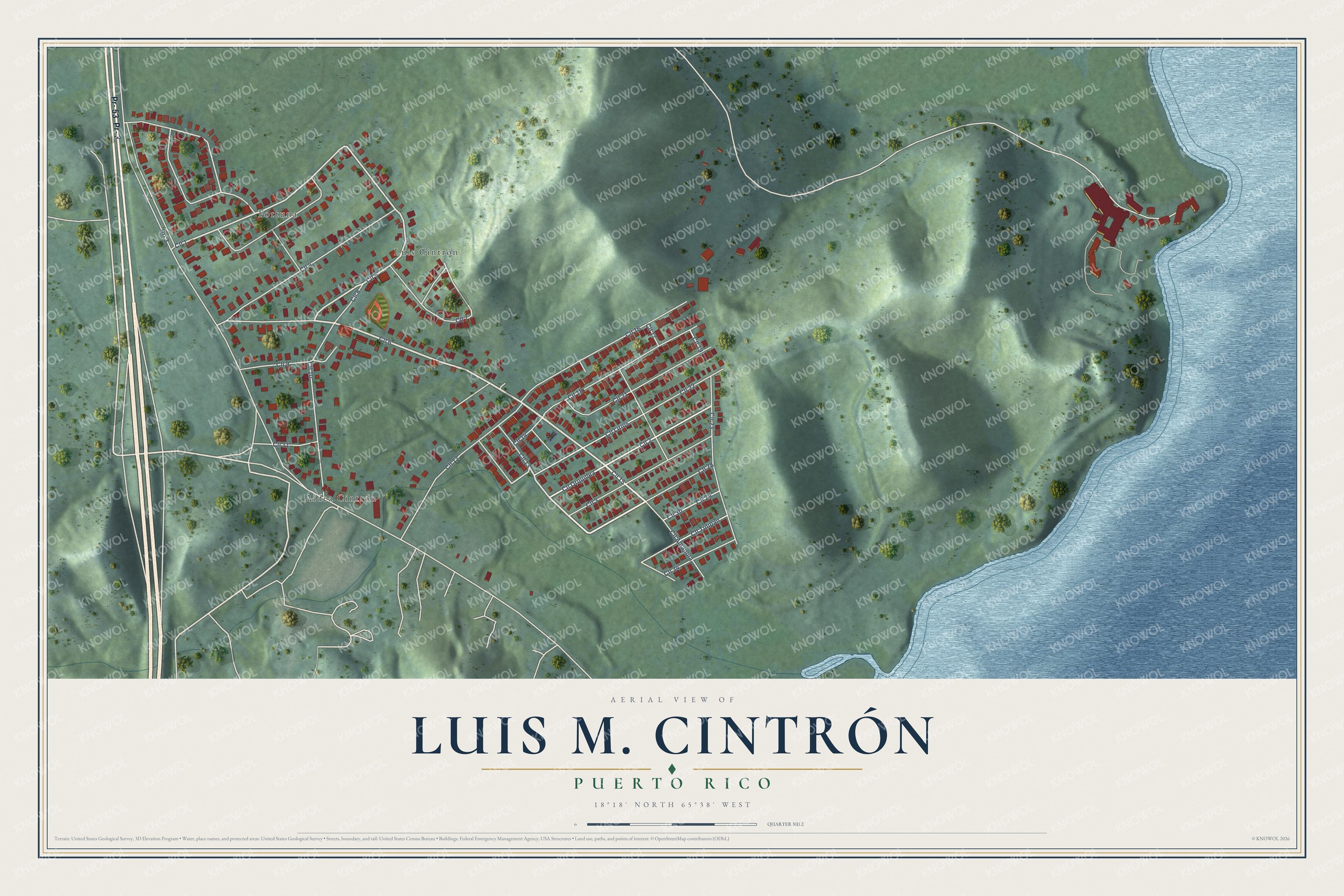 Full map of Luis M. Cintrón, Puerto Rico, with red buildings, printed street names and the land around them