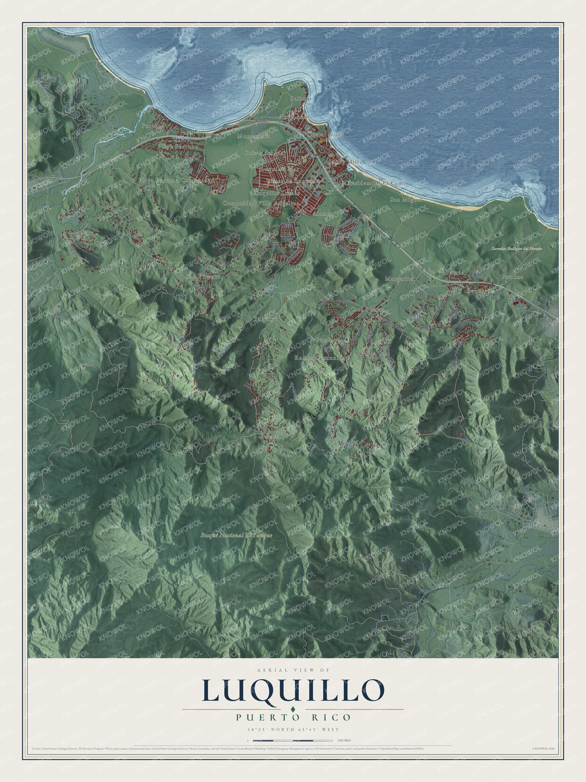 Full map of Luquillo, Puerto Rico, with red buildings, printed street names and the land around them