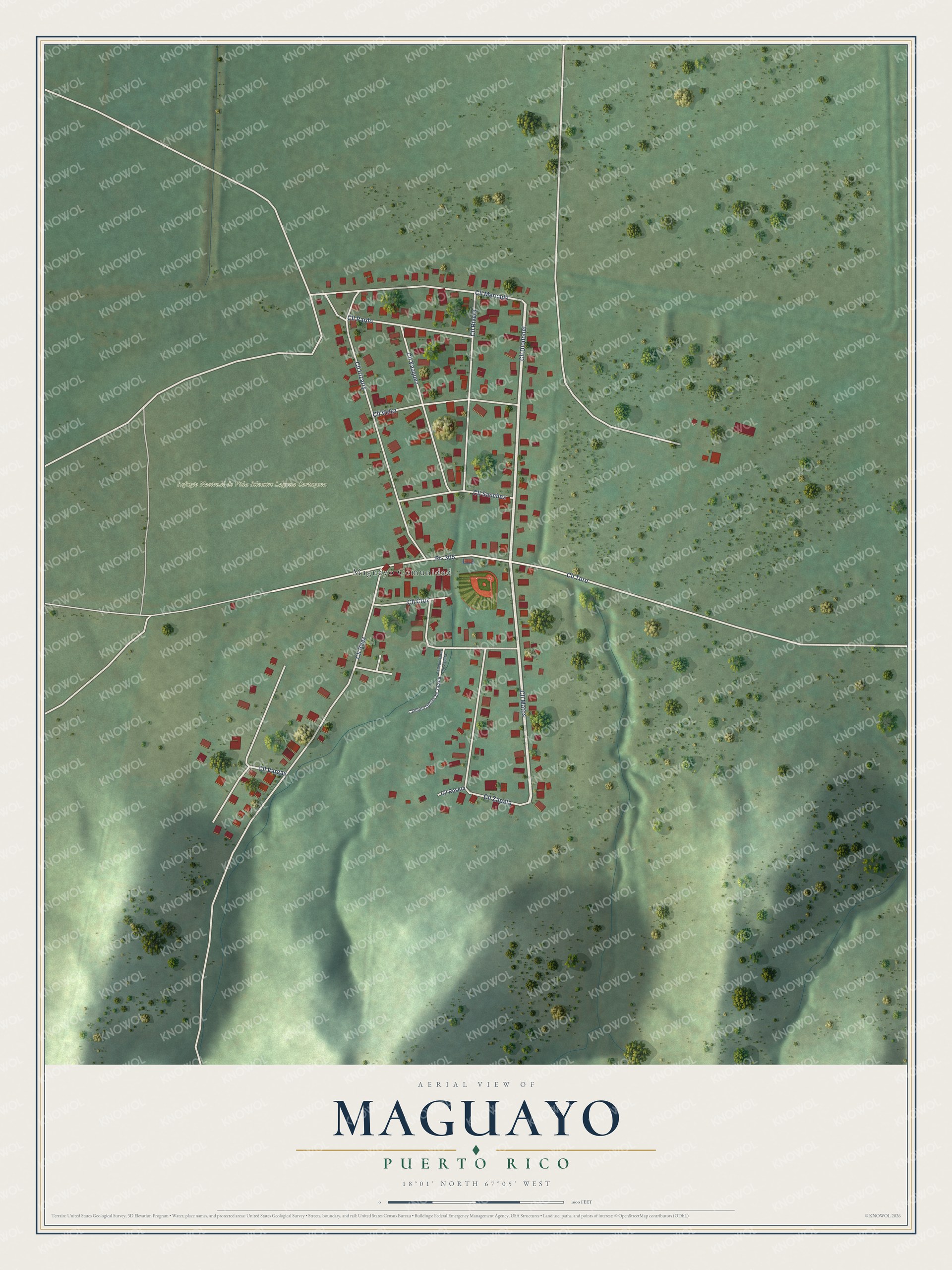 Full map of Maguayo, Puerto Rico, with red buildings, printed street names and the land around them