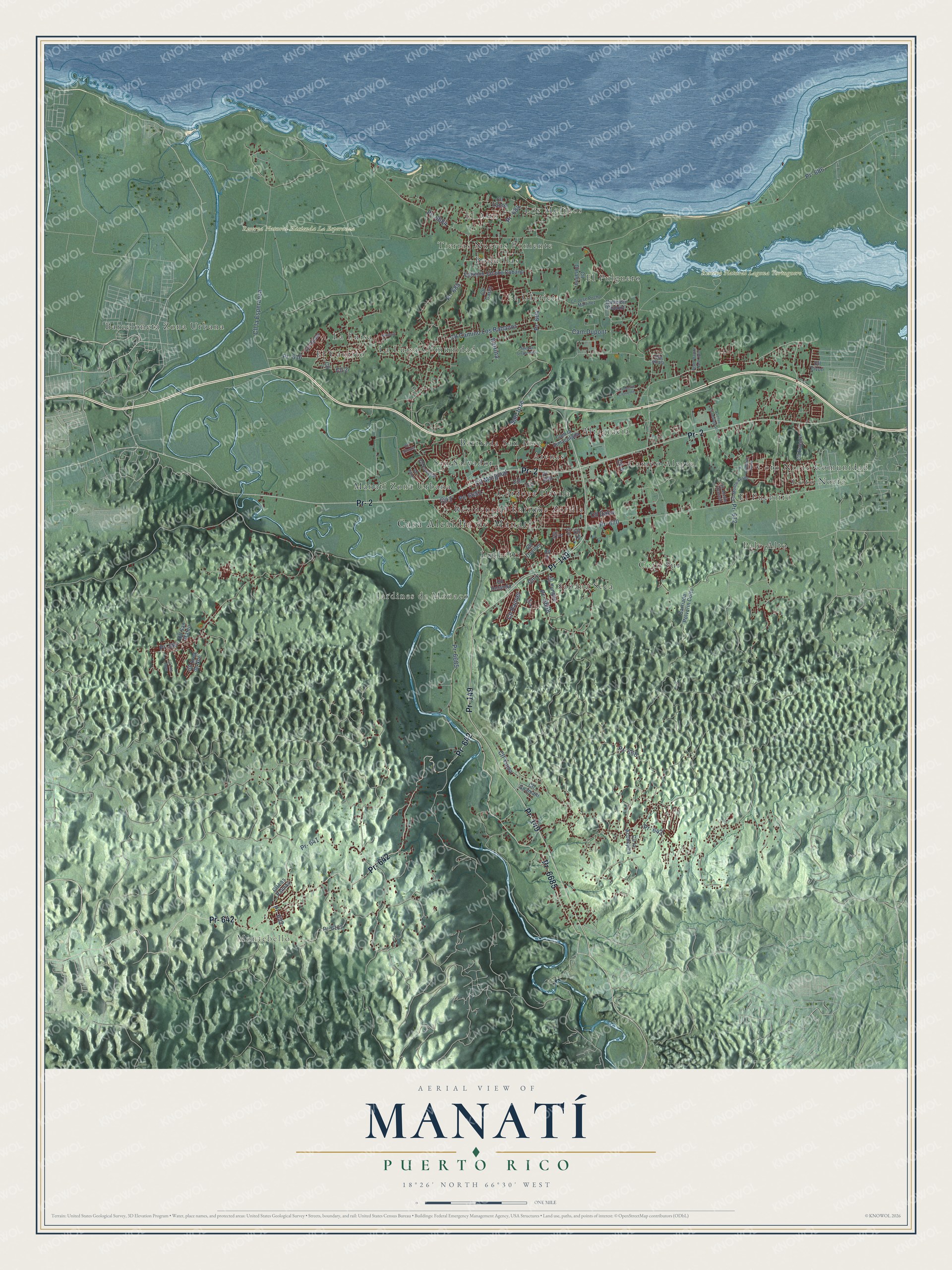 Full map of Manatí, Puerto Rico, with red buildings, printed street names and the land around them