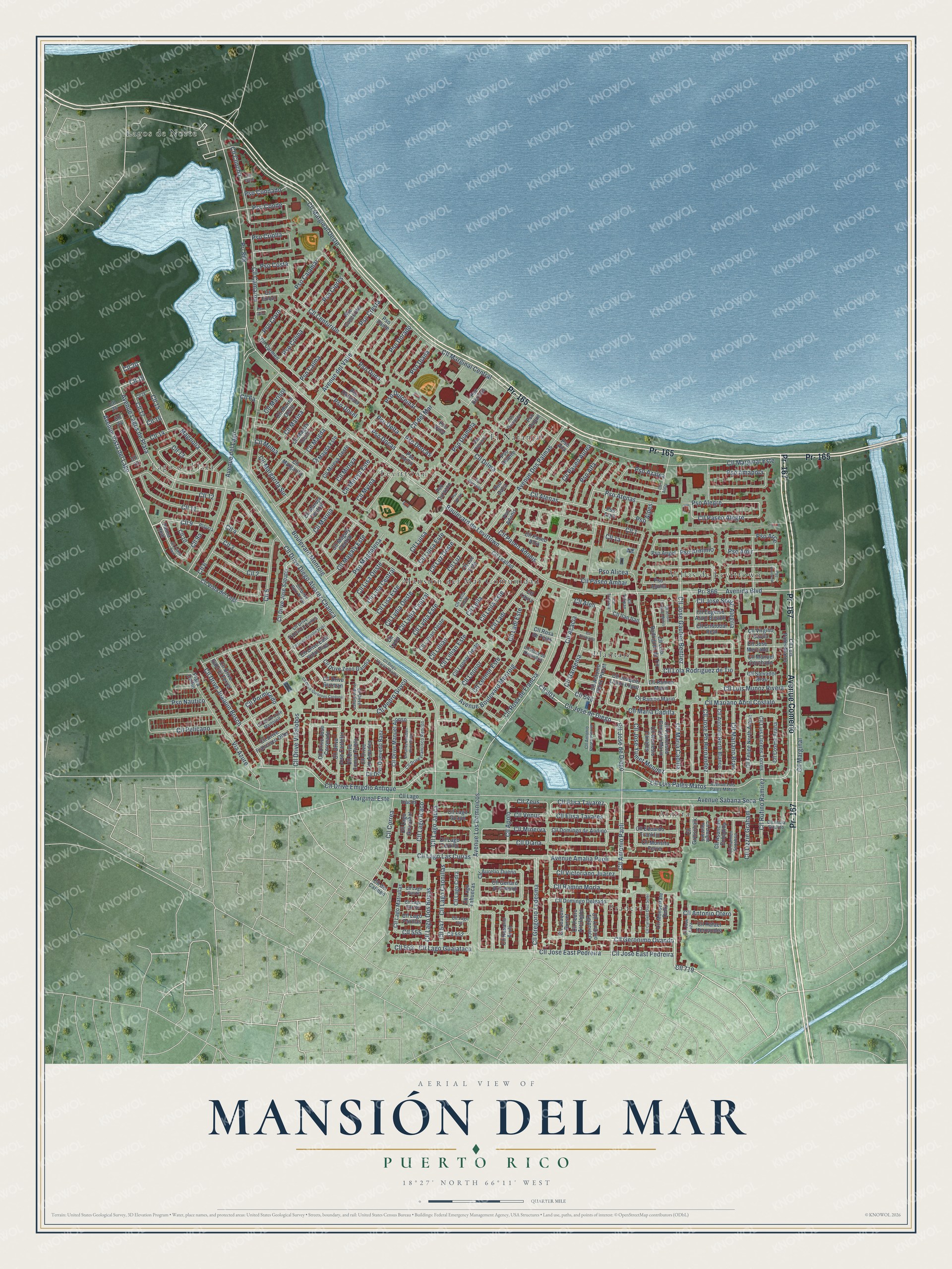 Full map of Mansión del Mar, Puerto Rico, with red buildings, printed street names and the land around them