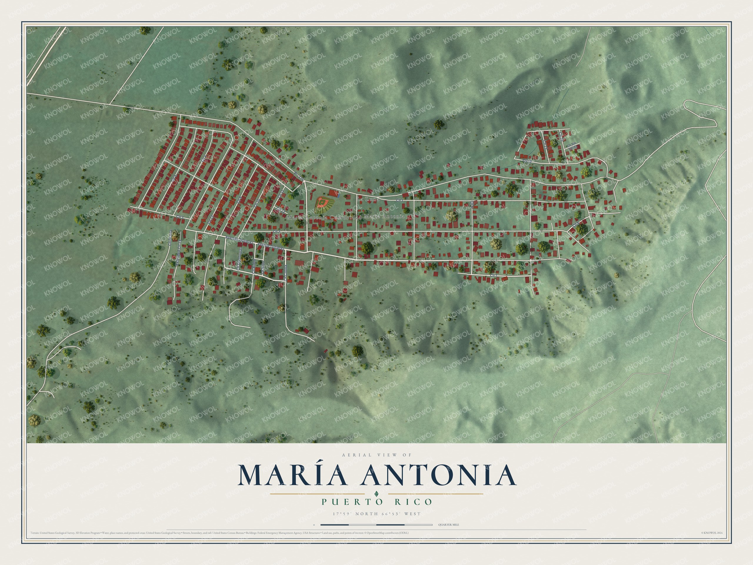 Full map of María Antonia, Puerto Rico, with red buildings, printed street names and the land around them