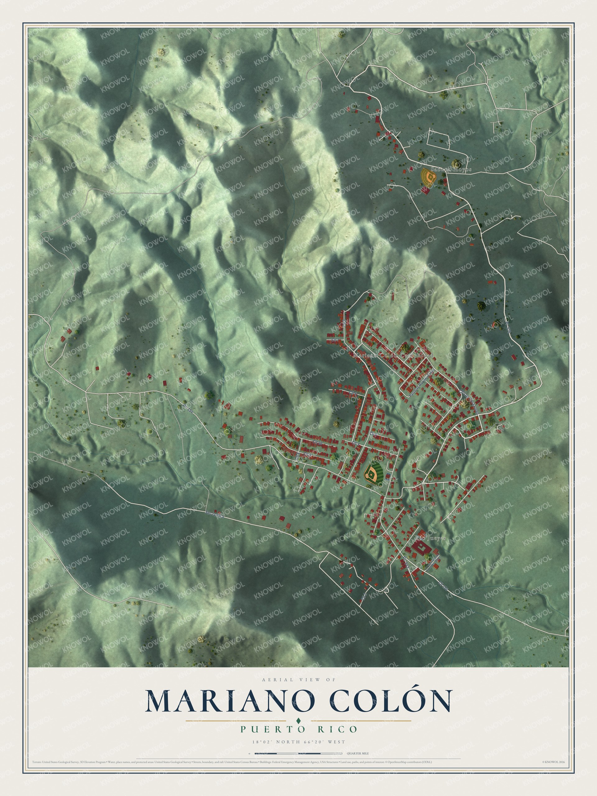 Full map of Mariano Colón, Puerto Rico, with red buildings, printed street names and the land around them