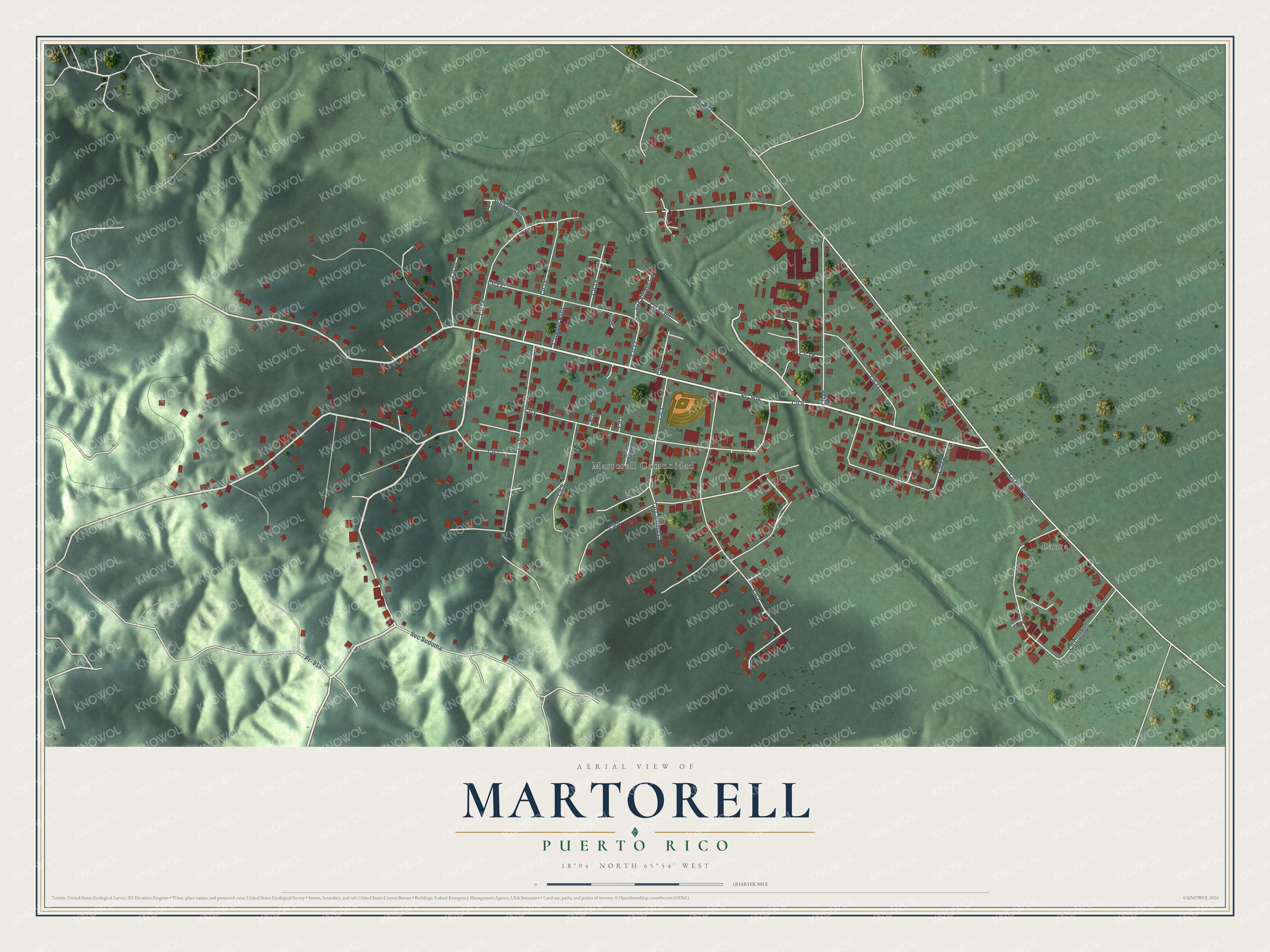 Full map of Martorell, Puerto Rico, with red buildings, printed street names and the land around them