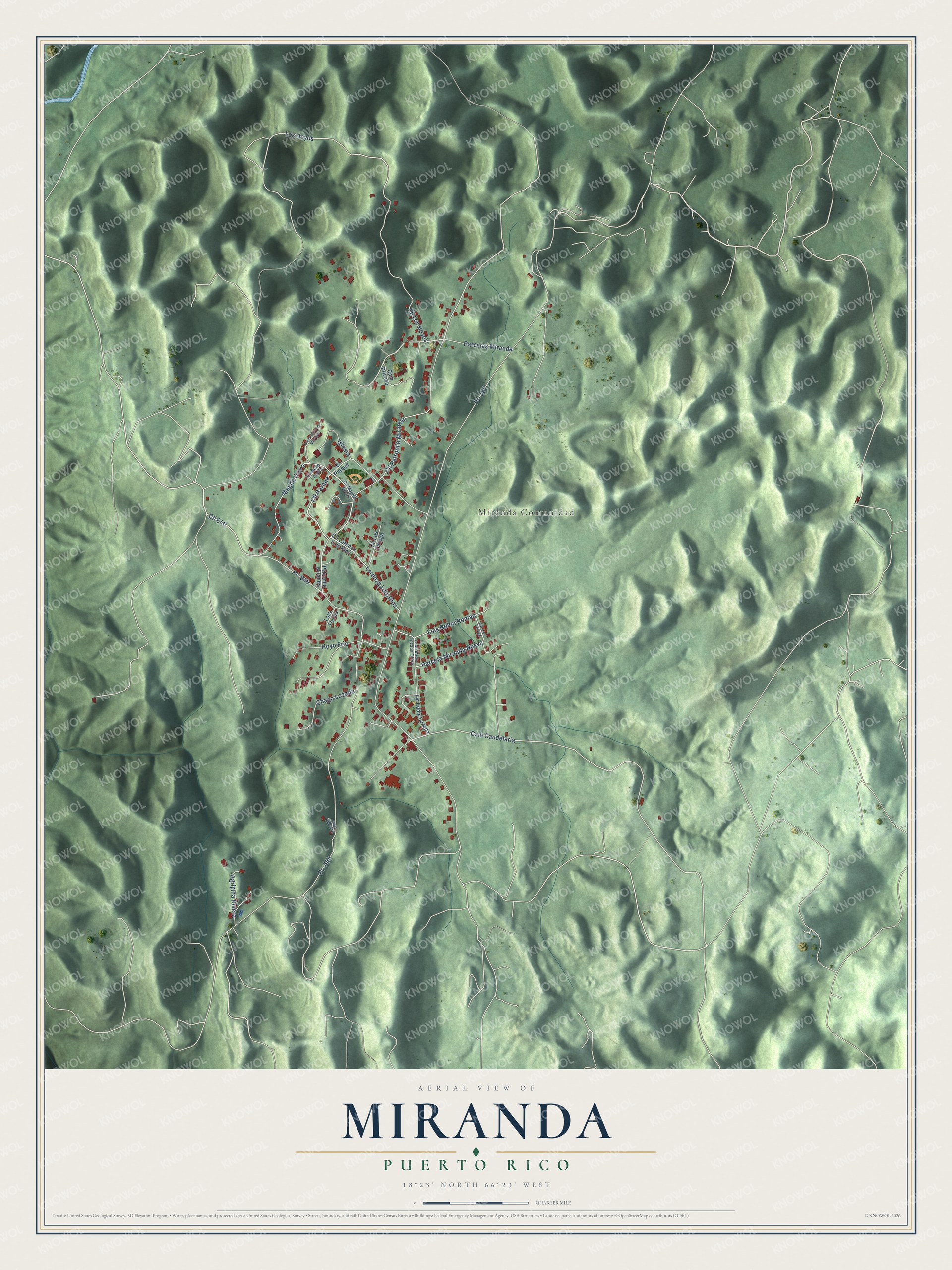 Full map of Miranda, Puerto Rico, with red buildings, printed street names and the land around them