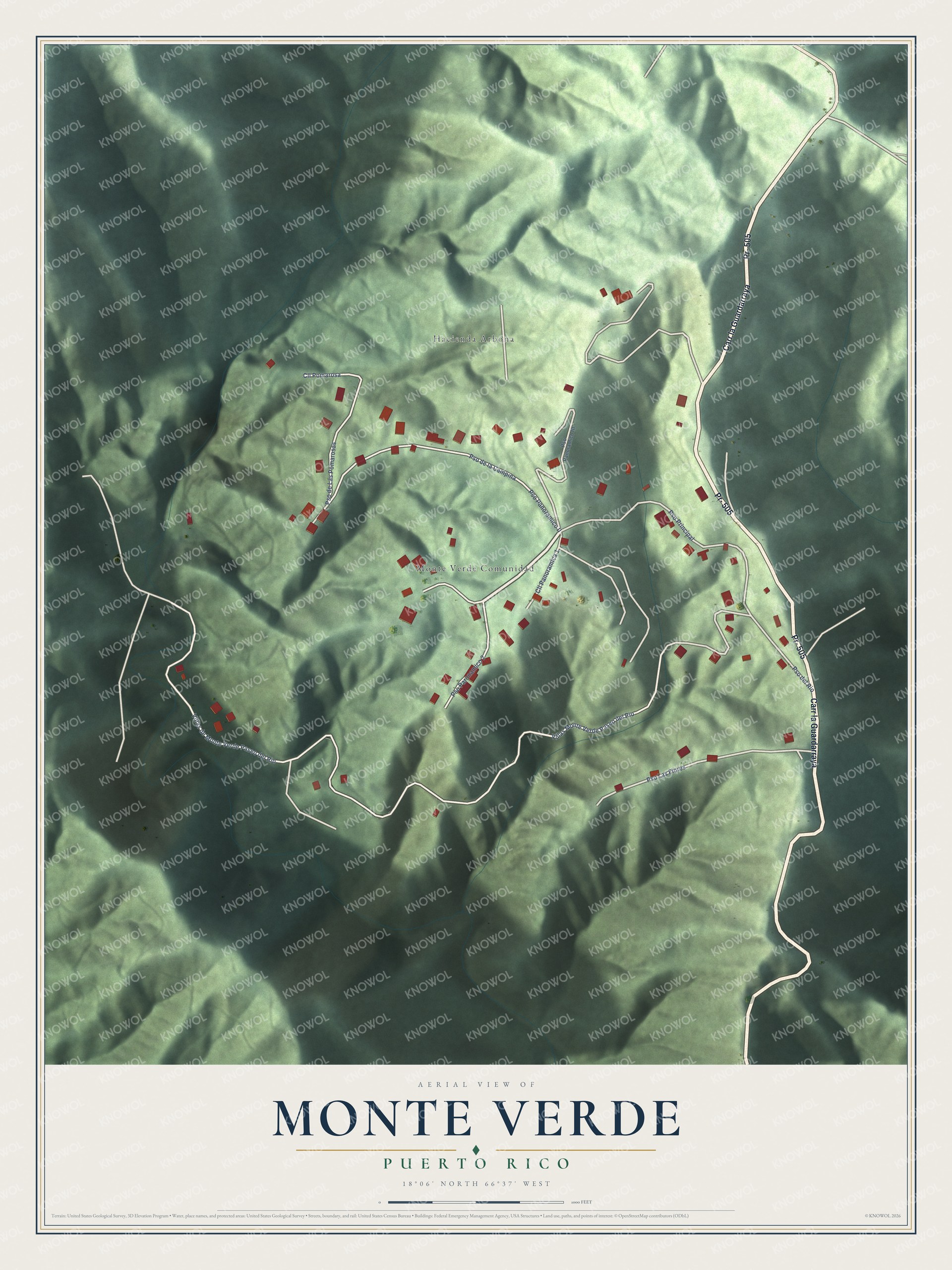Full map of Monte Verde, Puerto Rico, with red buildings, printed street names and the land around them