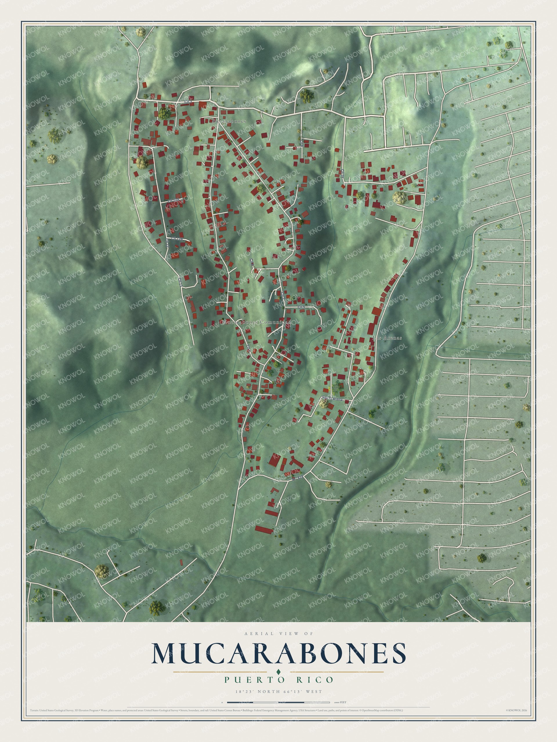 Full map of Mucarabones, Puerto Rico, with red buildings, printed street names and the land around them