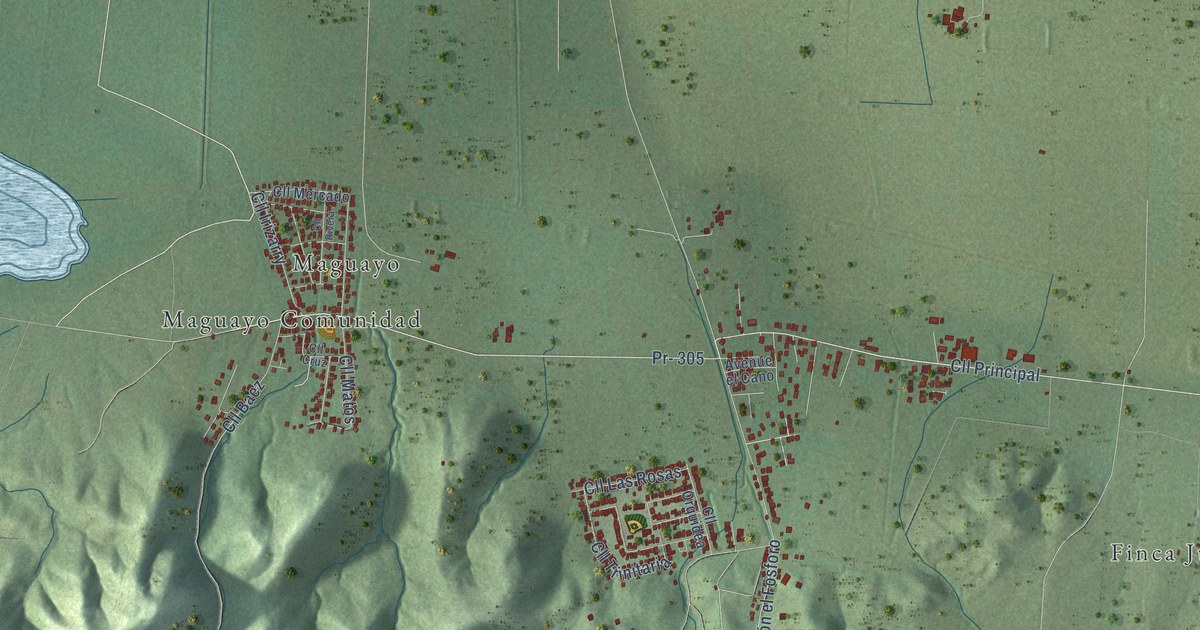 Close-up of streets and buildings in Olivares, Puerto Rico