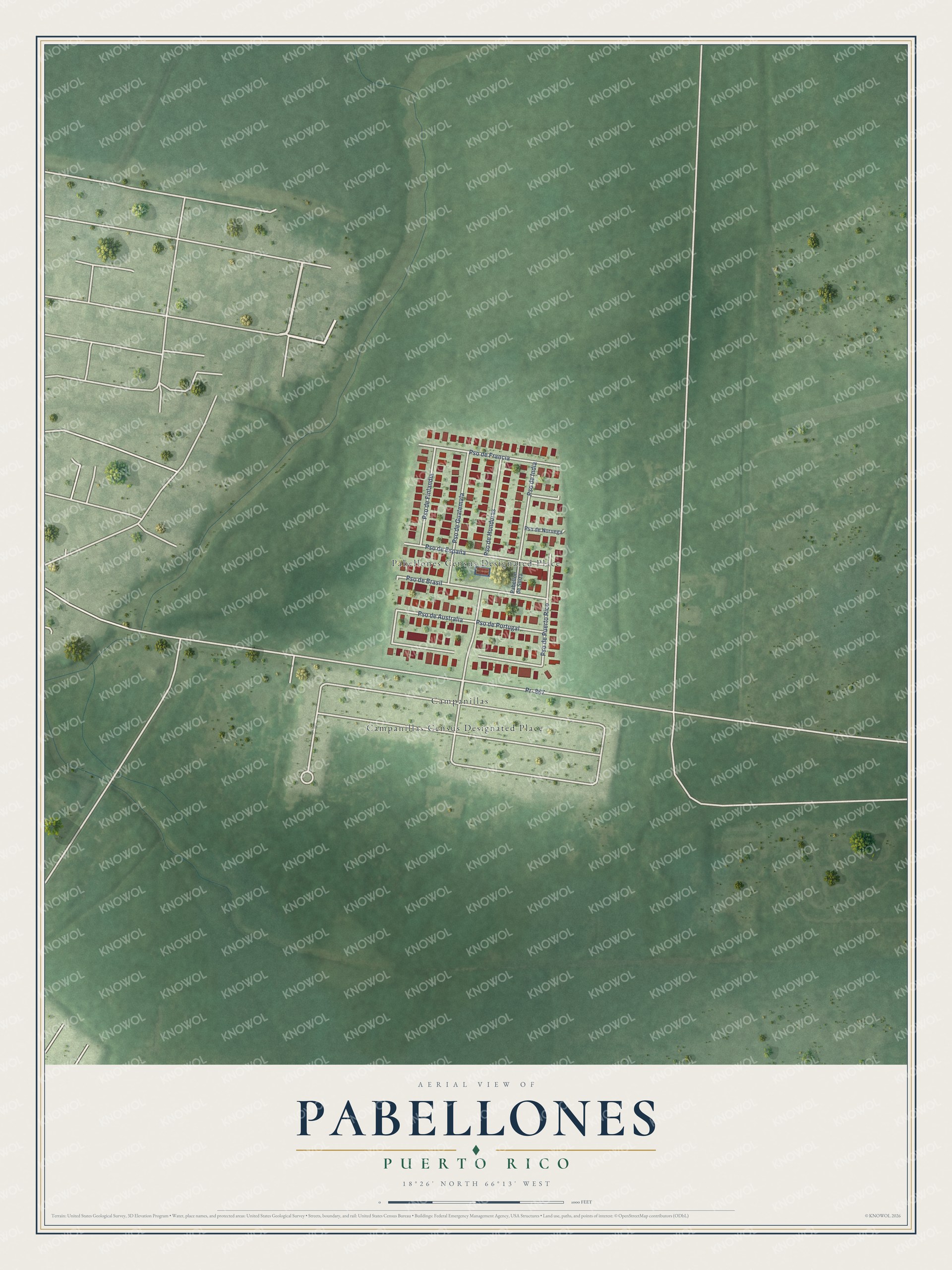 Full map of Pabellones, Puerto Rico, with red buildings, printed street names and the land around them
