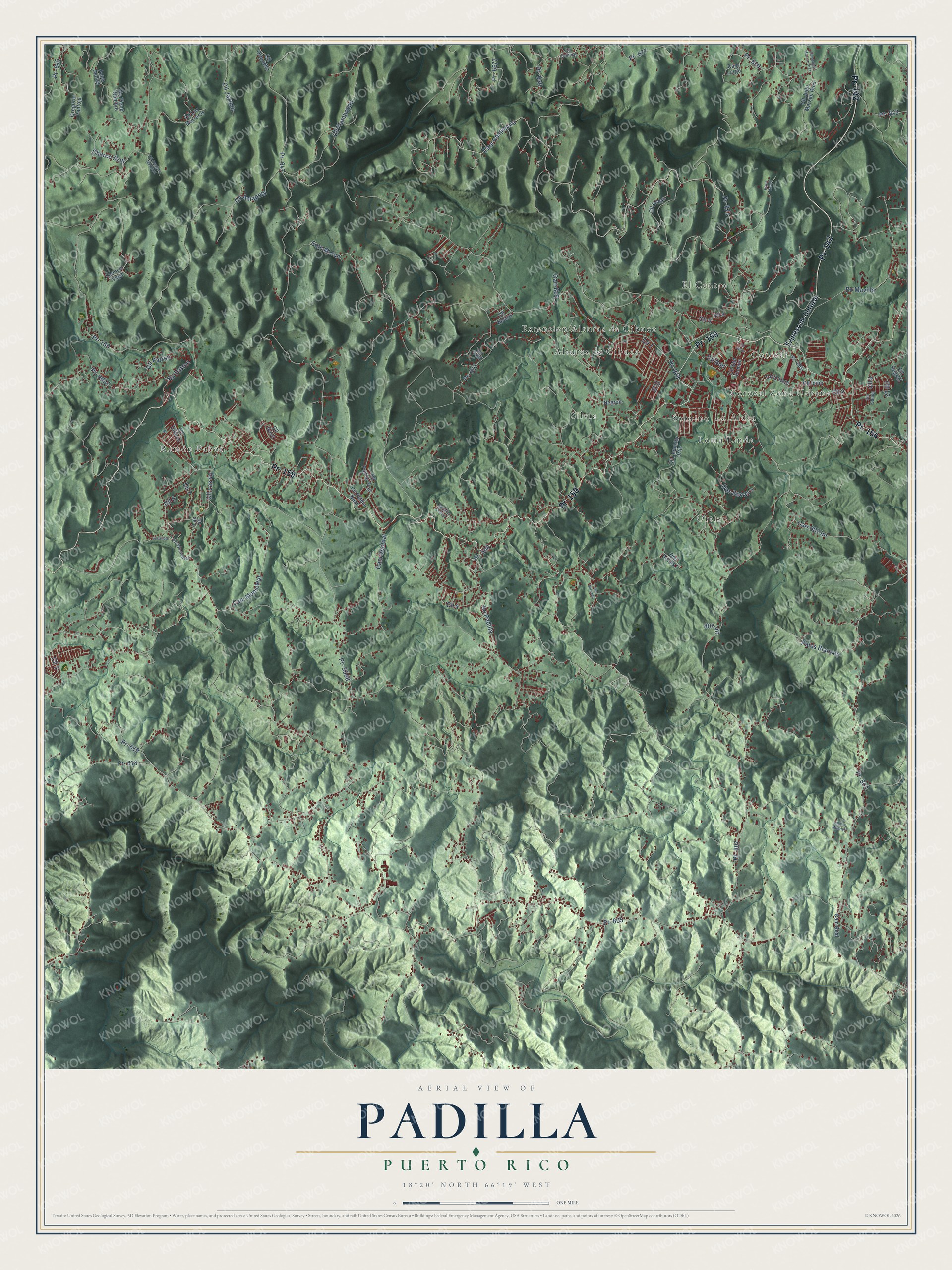 Full map of Padilla, Puerto Rico, with red buildings, printed street names and the land around them