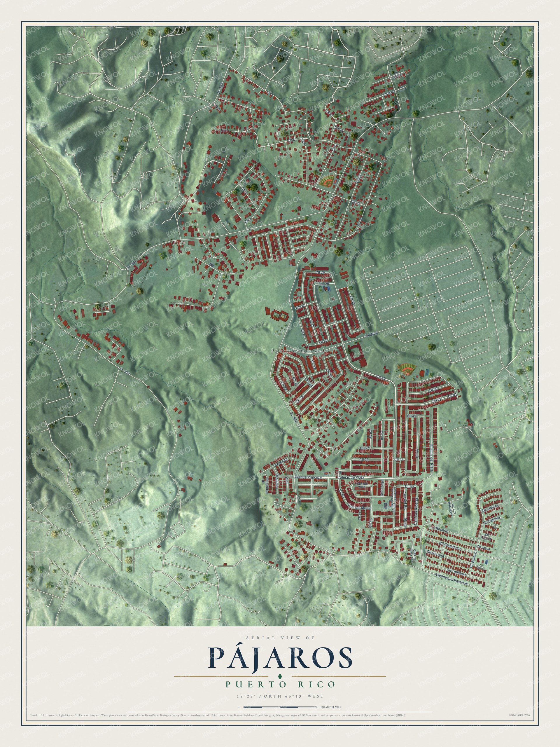 Full map of Pájaros, Puerto Rico, with red buildings, printed street names and the land around them