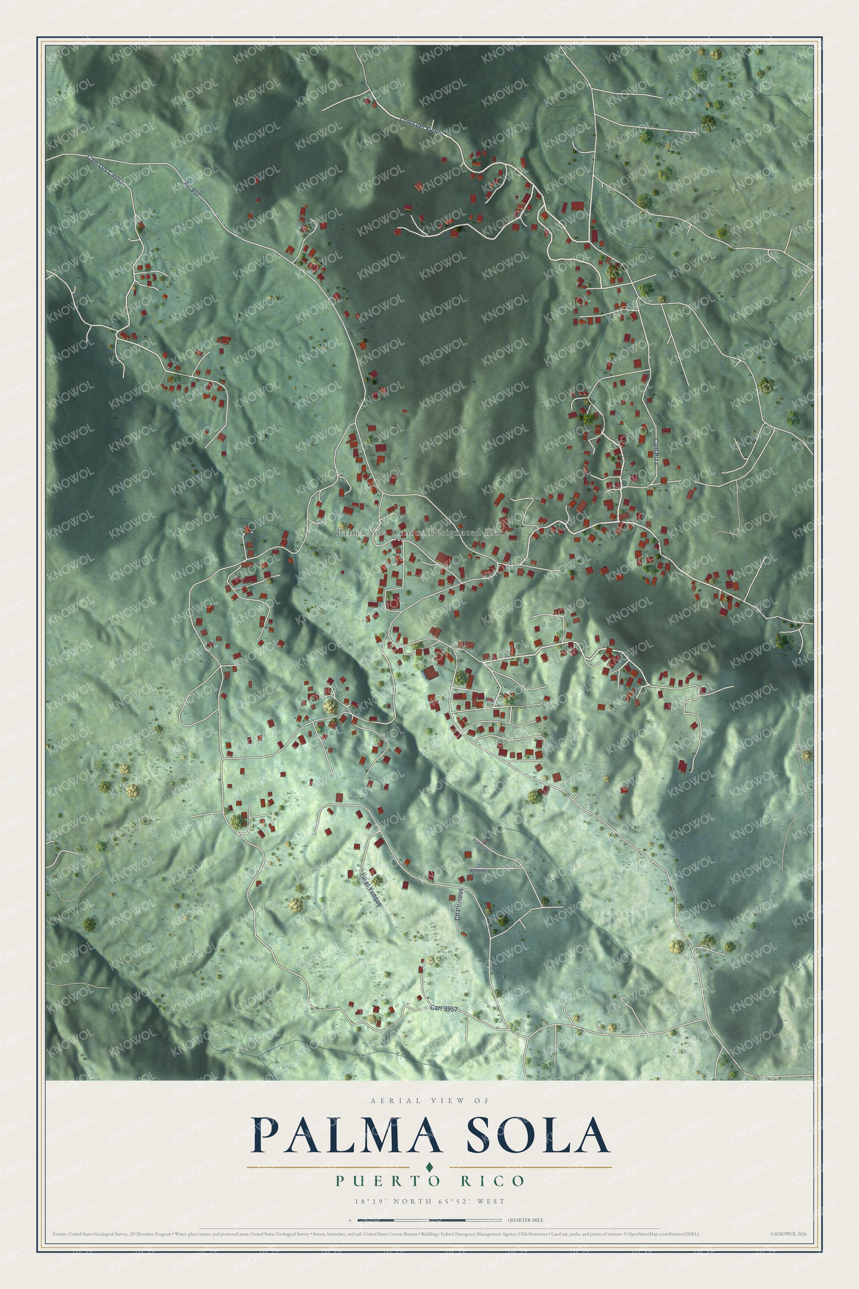 Full map of Palma Sola, Puerto Rico, with red buildings, printed street names and the land around them
