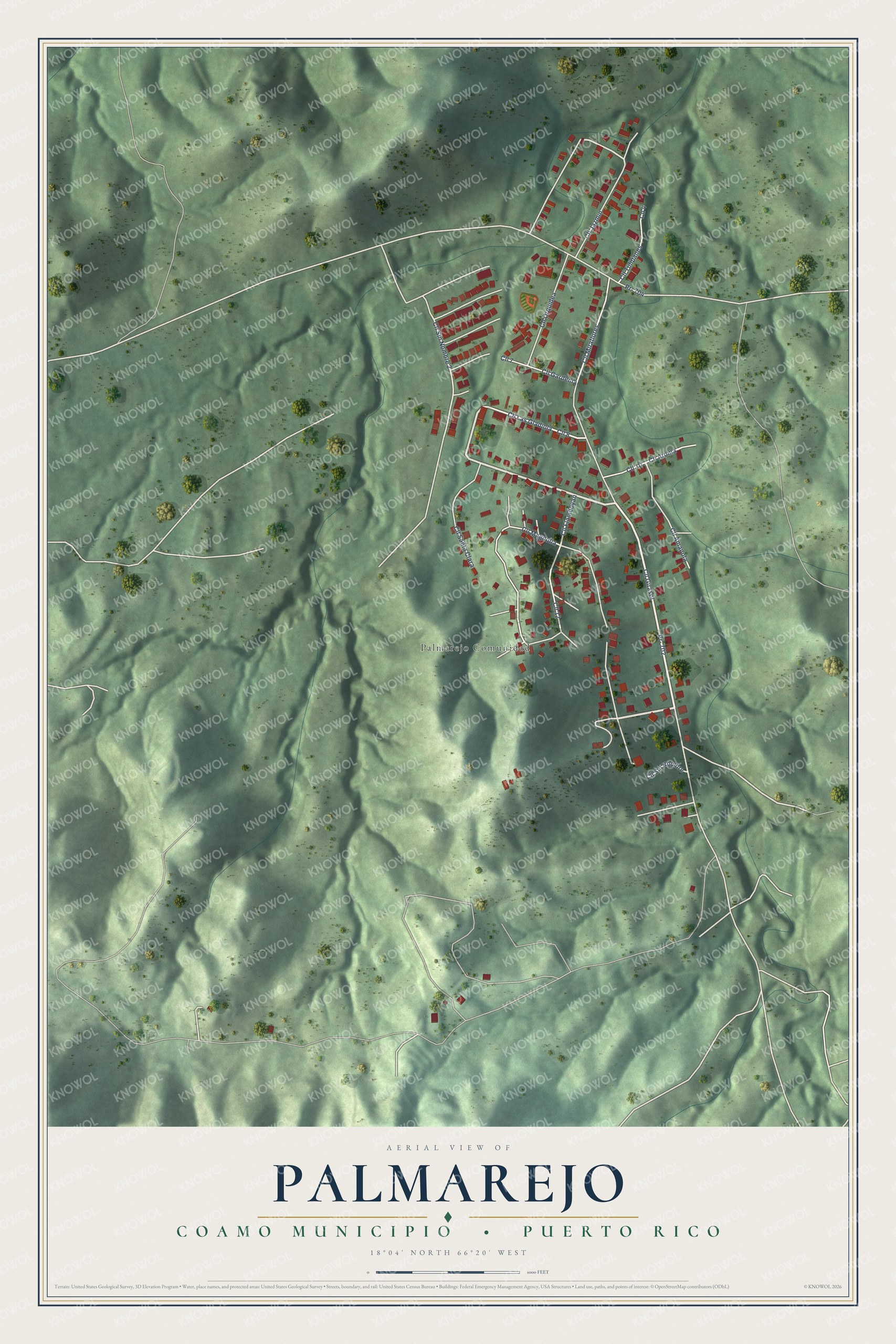 Full map of Palmarejo, Puerto Rico, with red buildings, printed street names and the land around them