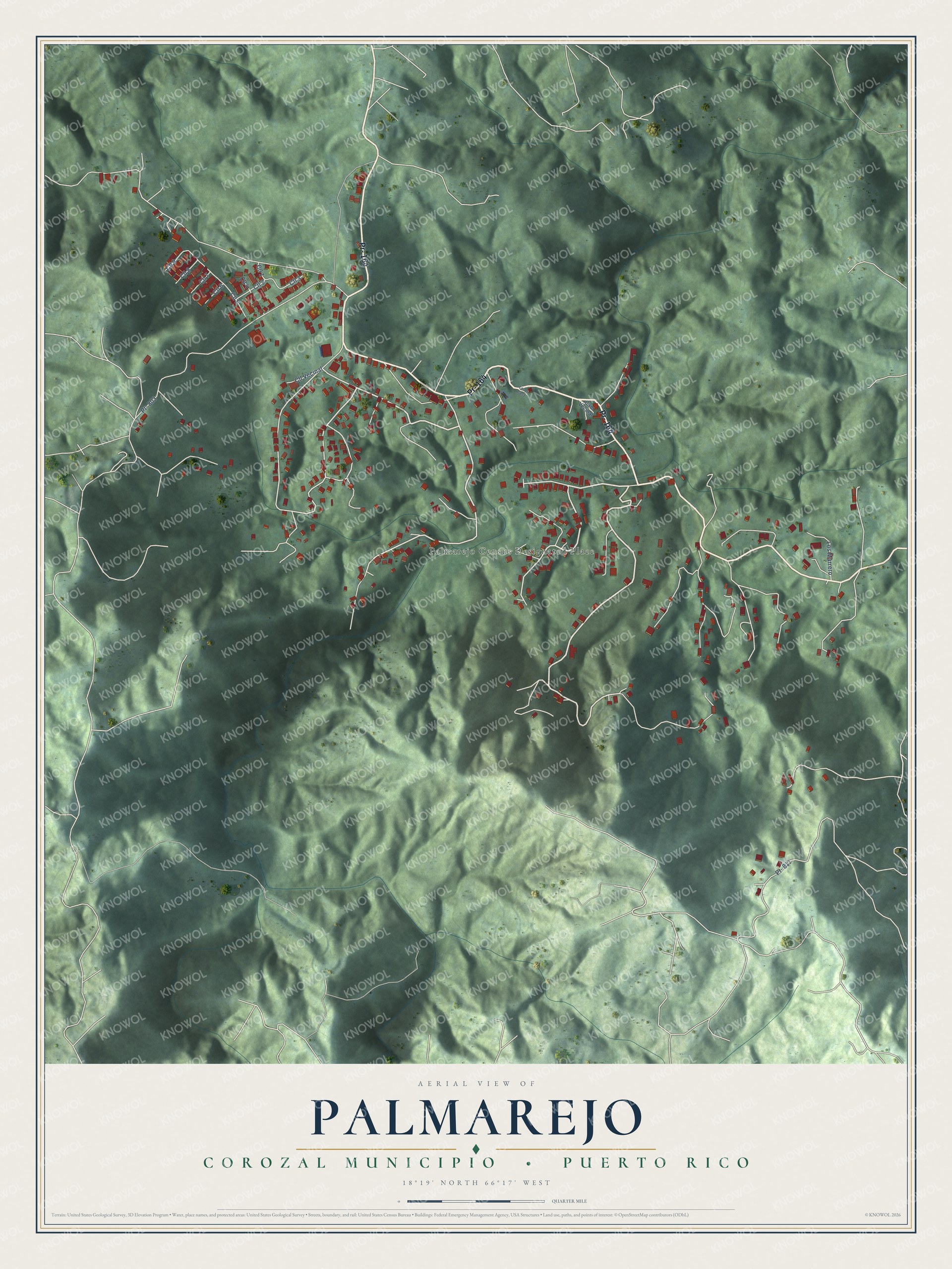 Full map of Palmarejo, Puerto Rico, with red buildings, printed street names and the land around them