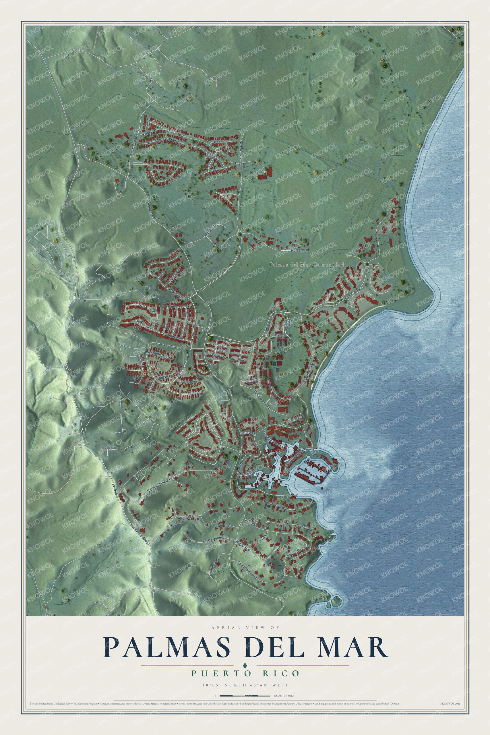 Full map of Palmas del Mar, Puerto Rico, with red buildings, printed street names and the land around them