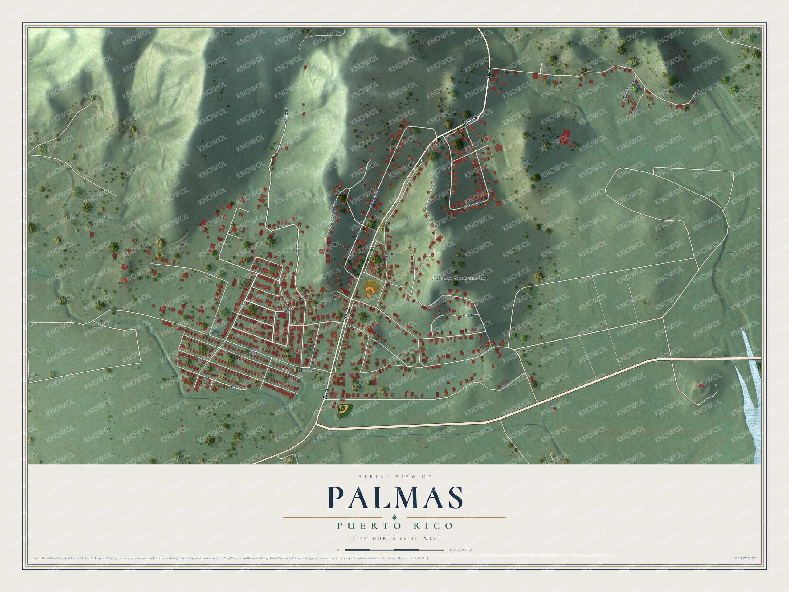 Full map of Palmas, Puerto Rico, with red buildings, printed street names and the land around them
