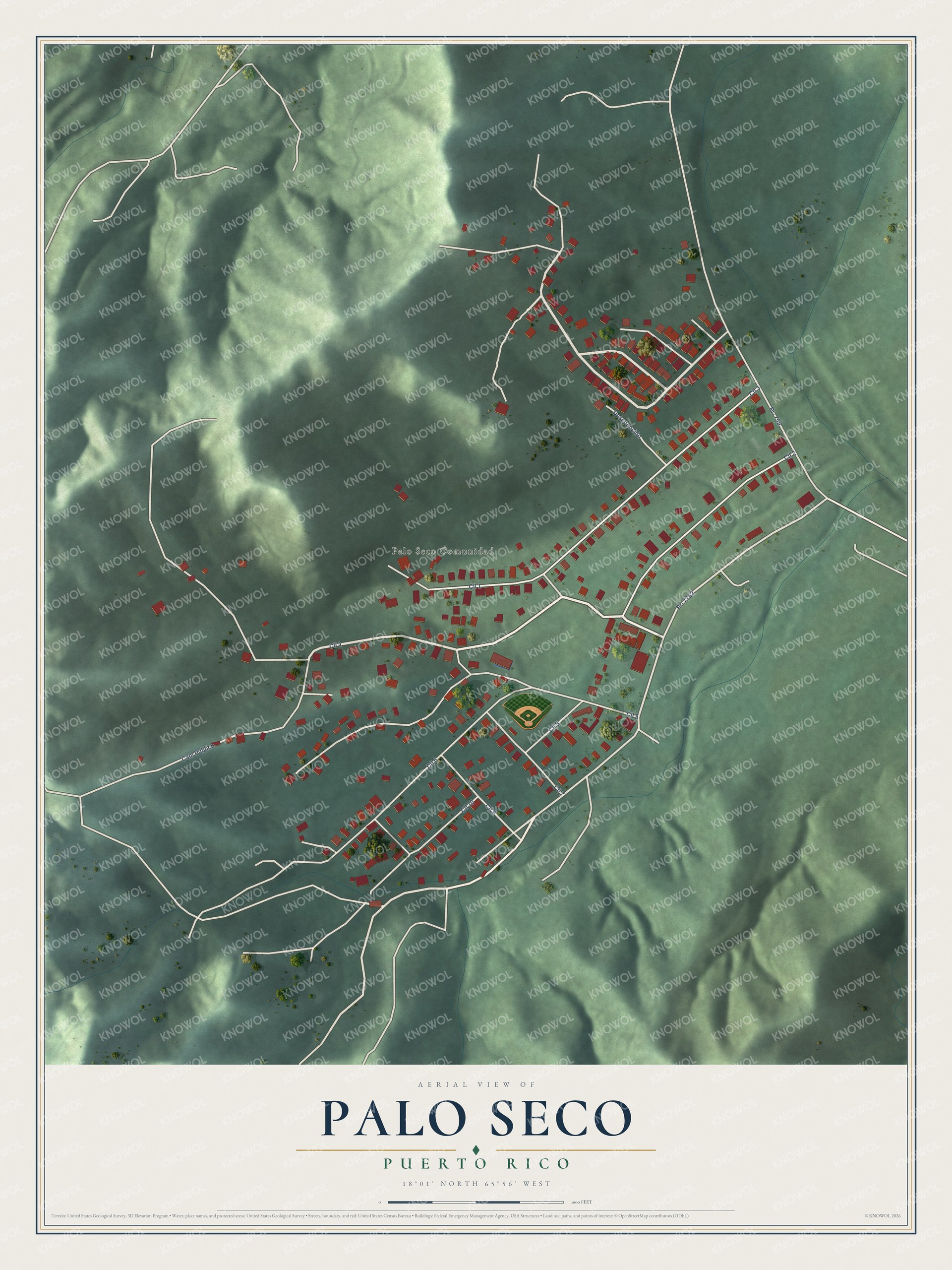 Full map of Palo Seco, Puerto Rico, with red buildings, printed street names and the land around them