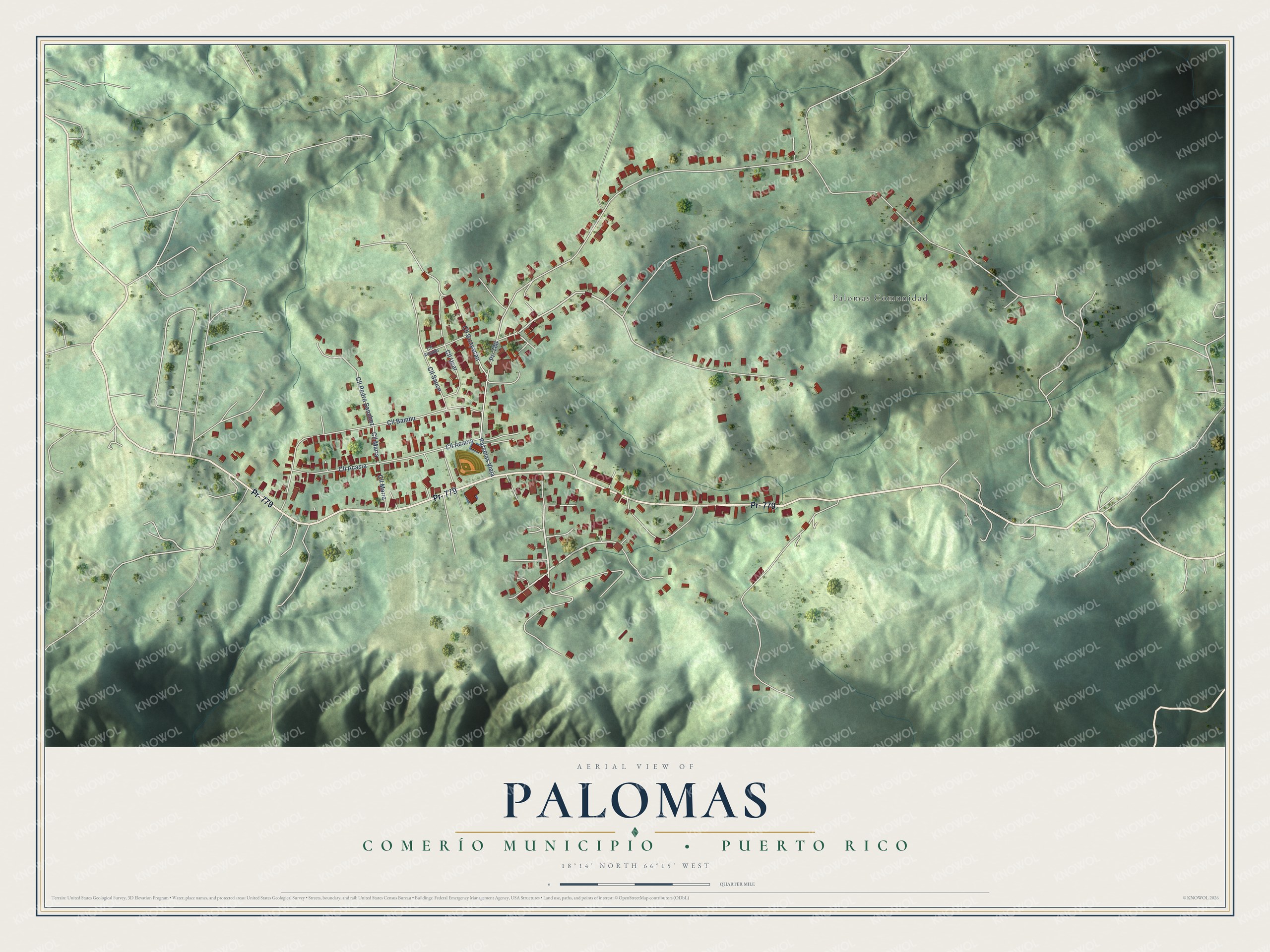 Full map of Palomas, Puerto Rico, with red buildings, printed street names and the land around them