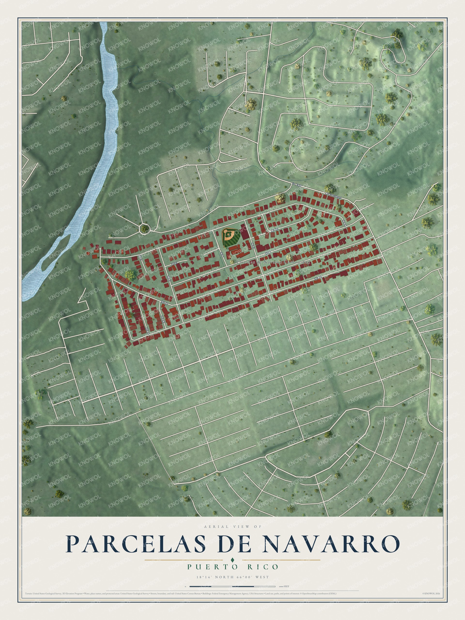Full map of Parcelas de Navarro, Puerto Rico, with red buildings, printed street names and the land around them