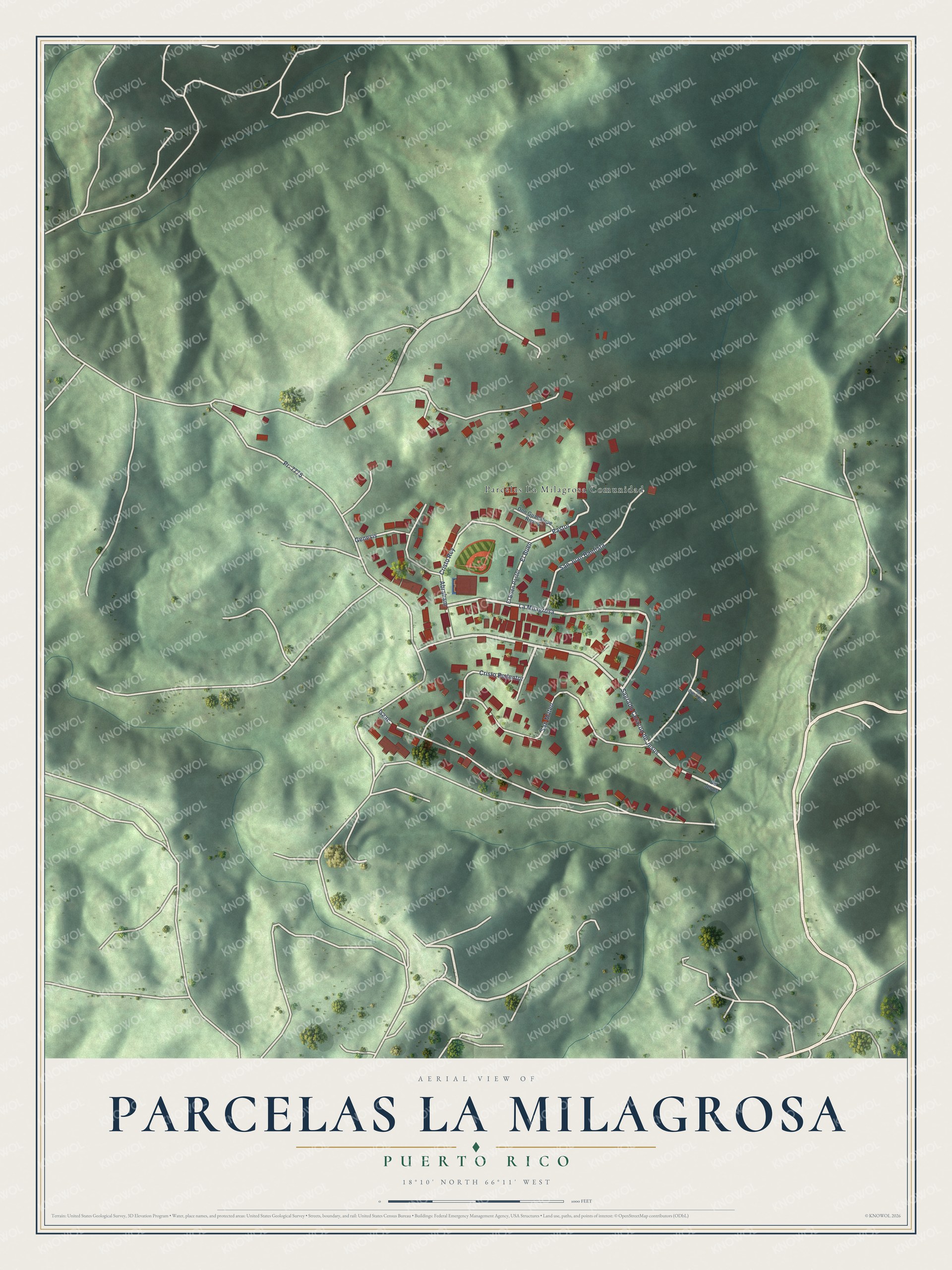 Full map of Parcelas La Milagrosa, Puerto Rico, with red buildings, printed street names and the land around them