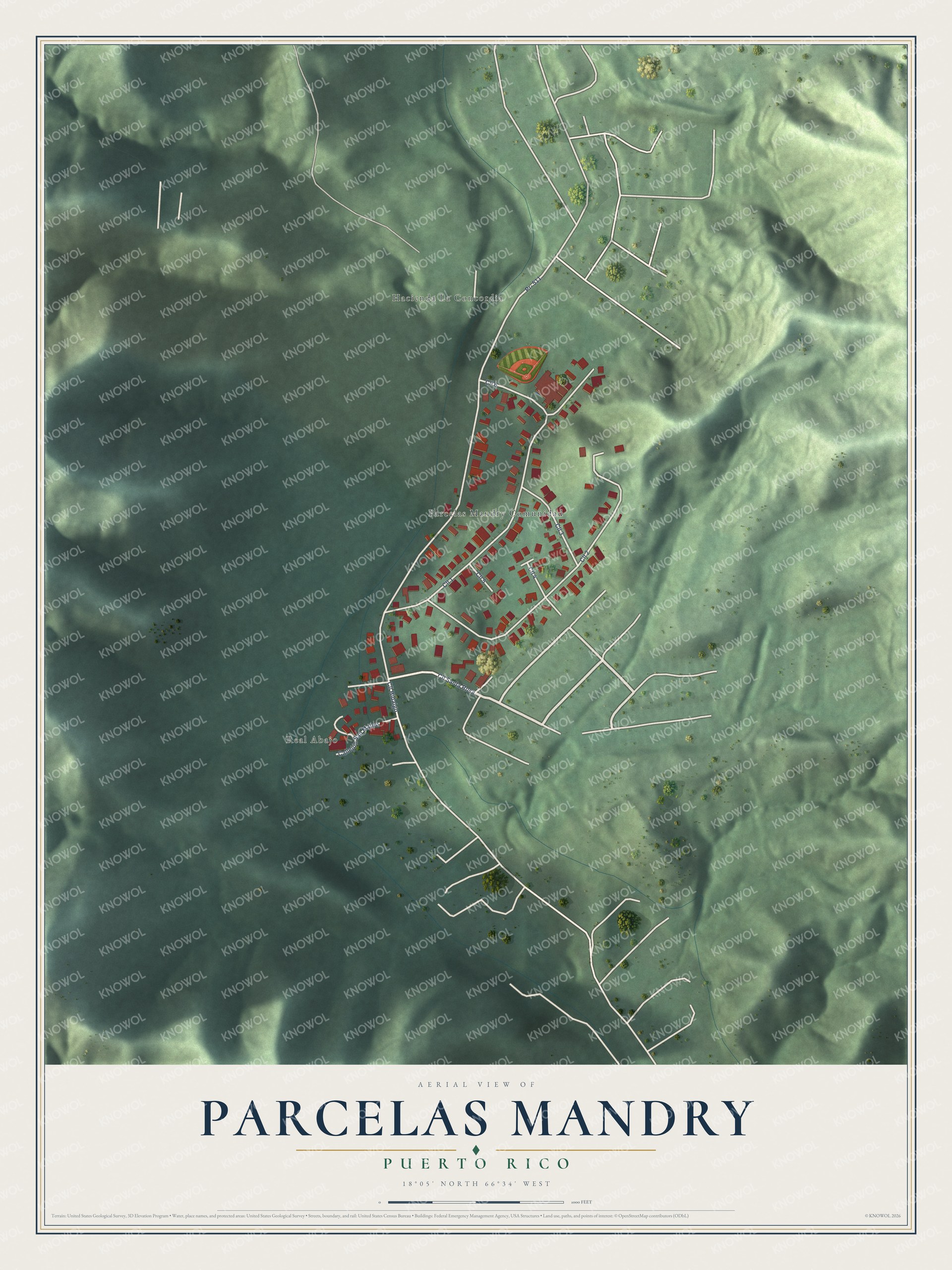 Full map of Parcelas Mandry, Puerto Rico, with red buildings, printed street names and the land around them