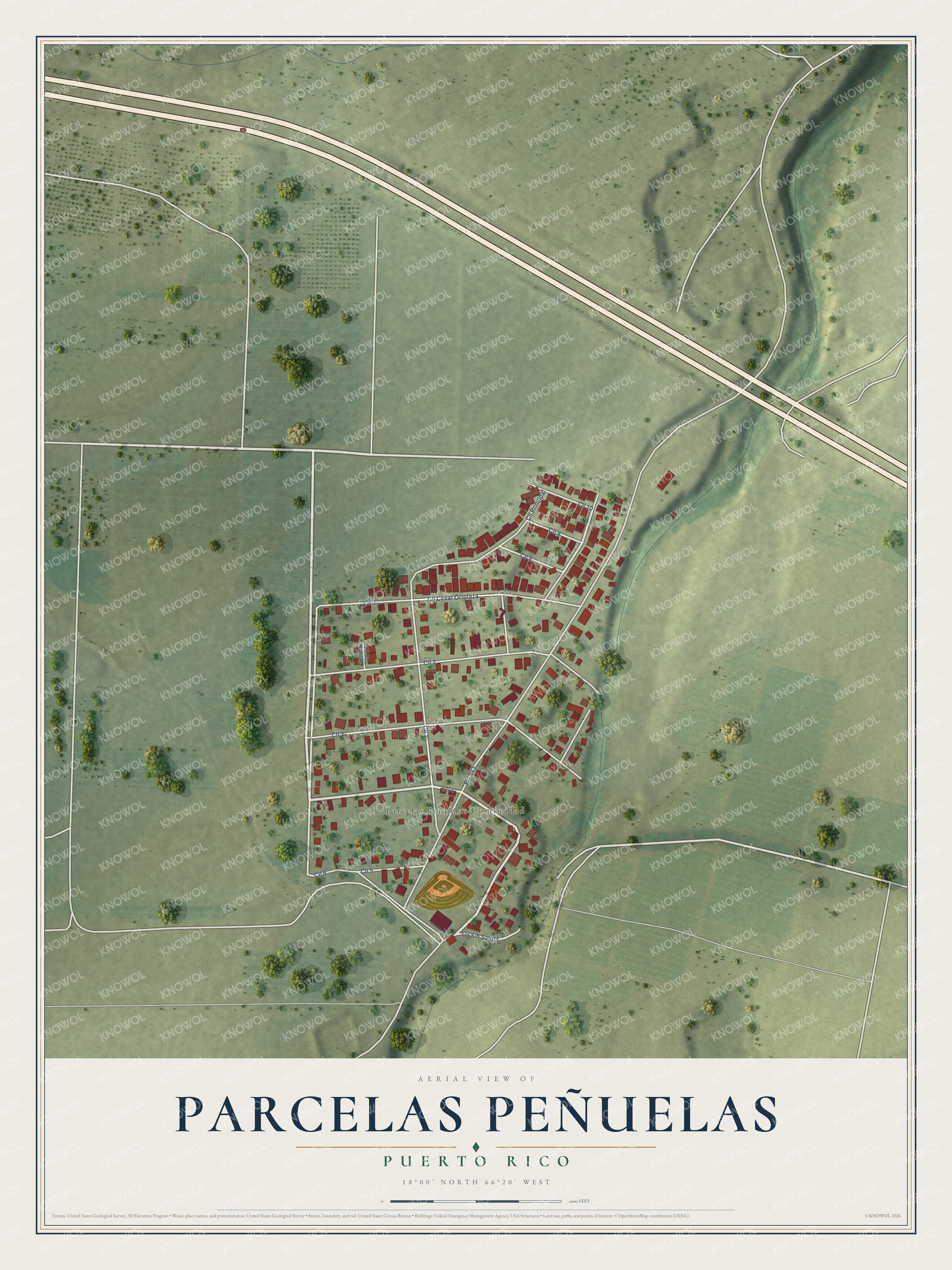 Full map of Parcelas Peñuelas, Puerto Rico, with red buildings, printed street names and the land around them
