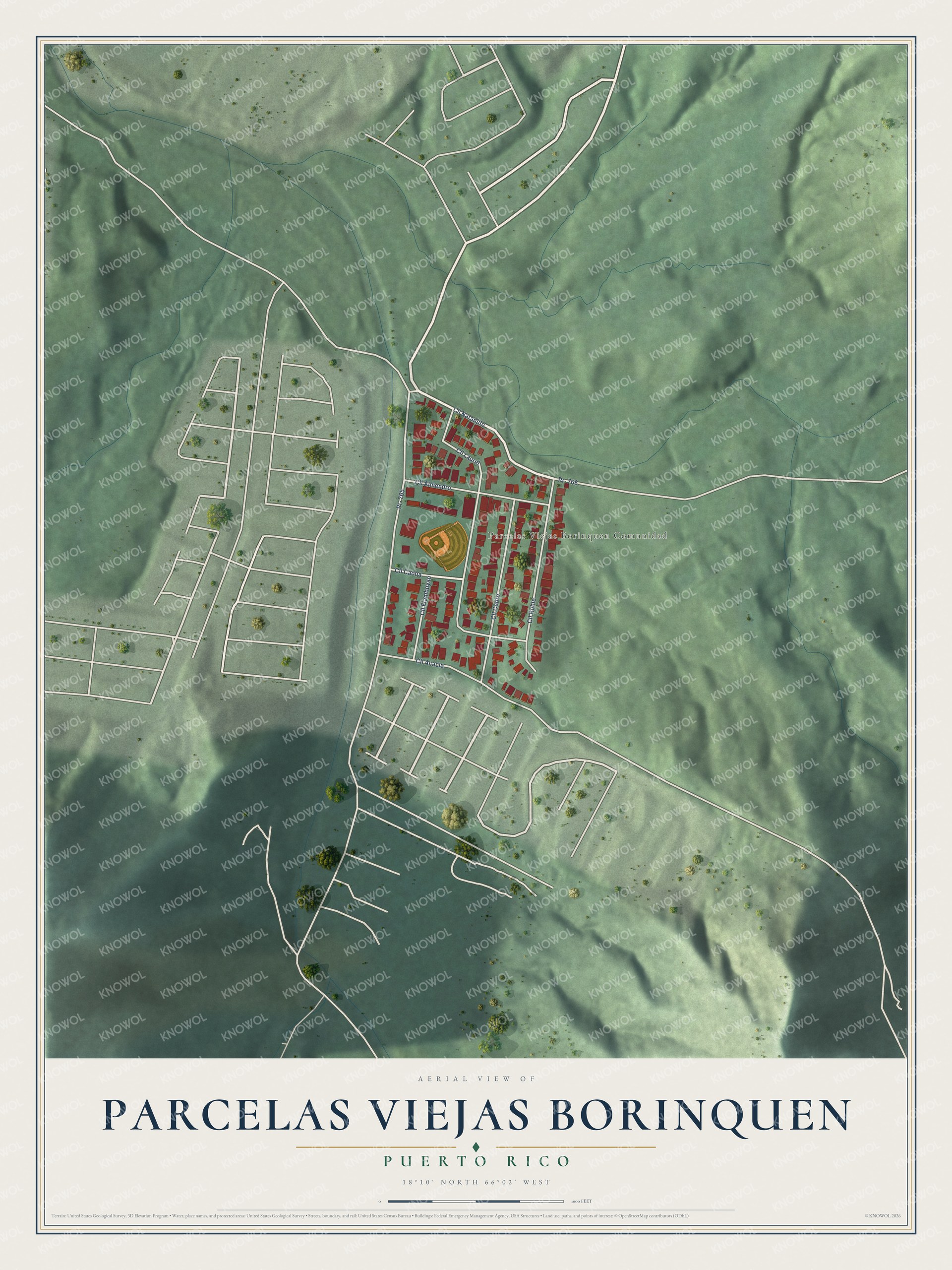 Full map of Parcelas Viejas Borinquen, Puerto Rico, with red buildings, printed street names and the land around them