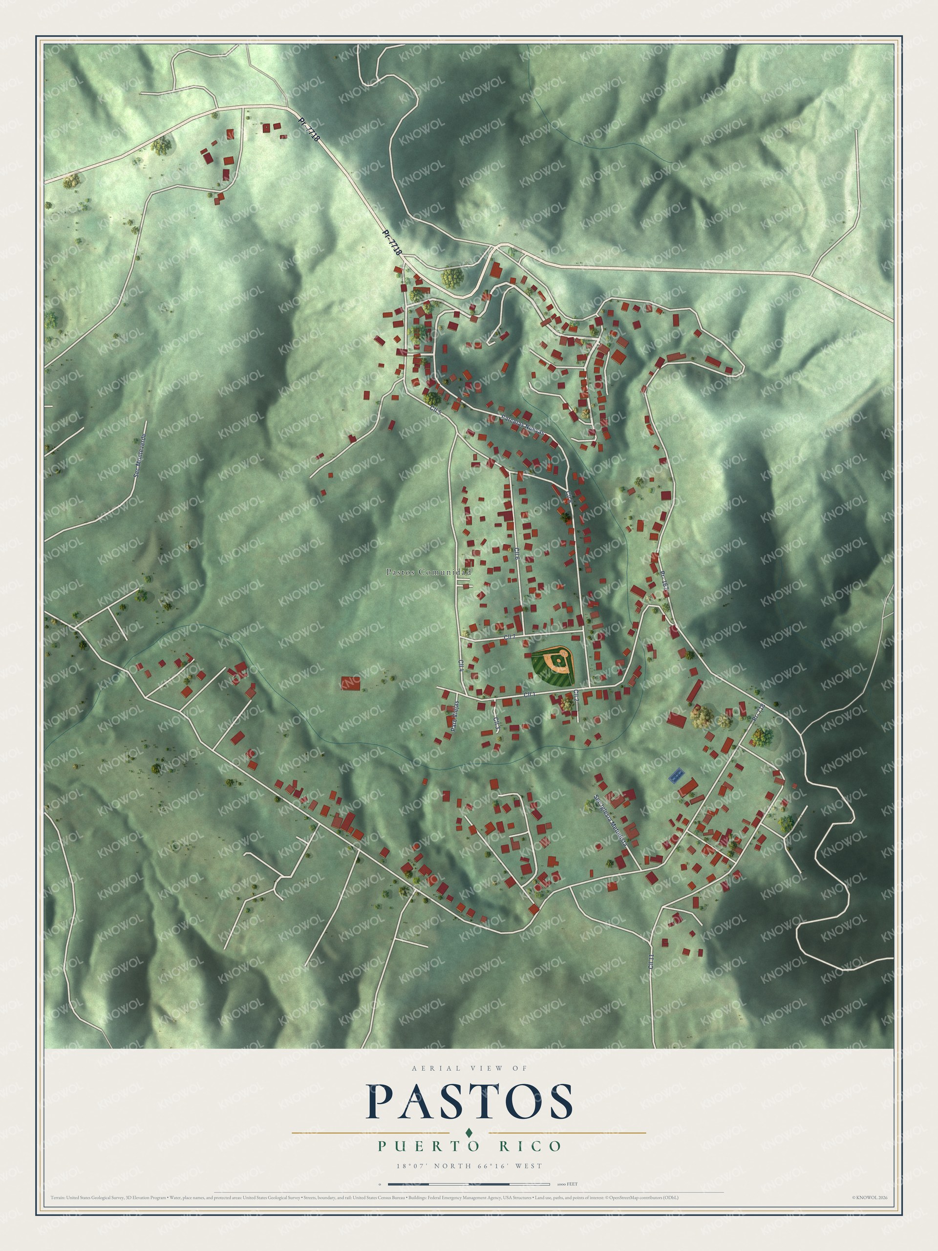 Full map of Pastos, Puerto Rico, with red buildings, printed street names and the land around them