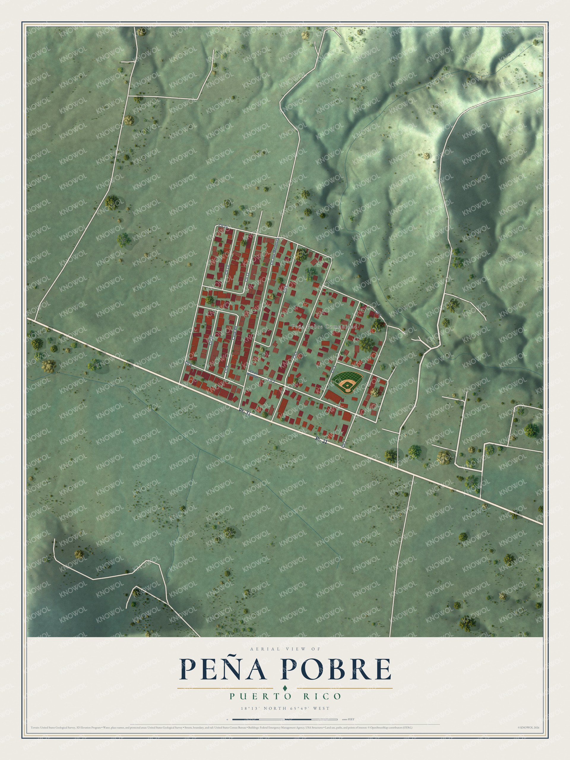 Full map of Peña Pobre, Puerto Rico, with red buildings, printed street names and the land around them