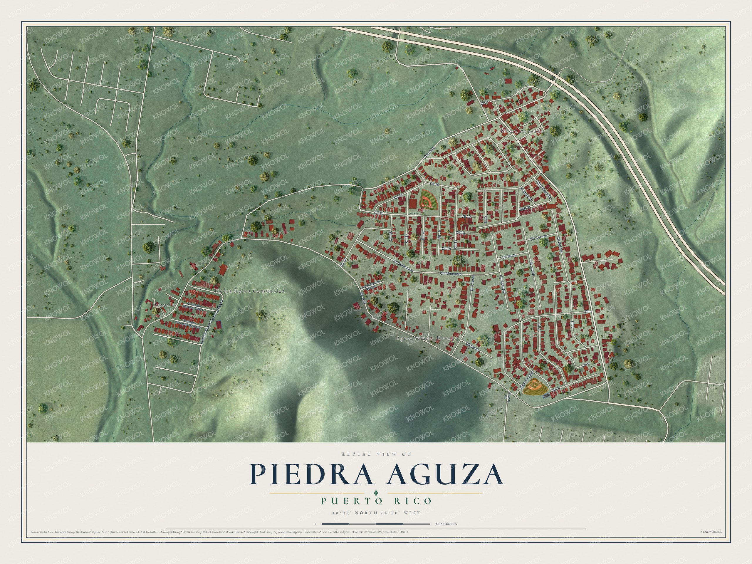 Full map of Piedra Aguza, Puerto Rico, with red buildings, printed street names and the land around them