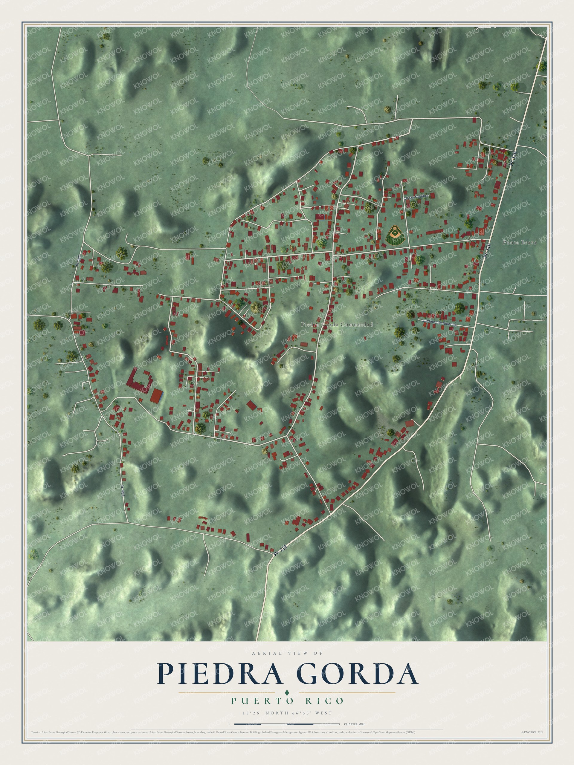 Full map of Piedra Gorda, Puerto Rico, with red buildings, printed street names and the land around them