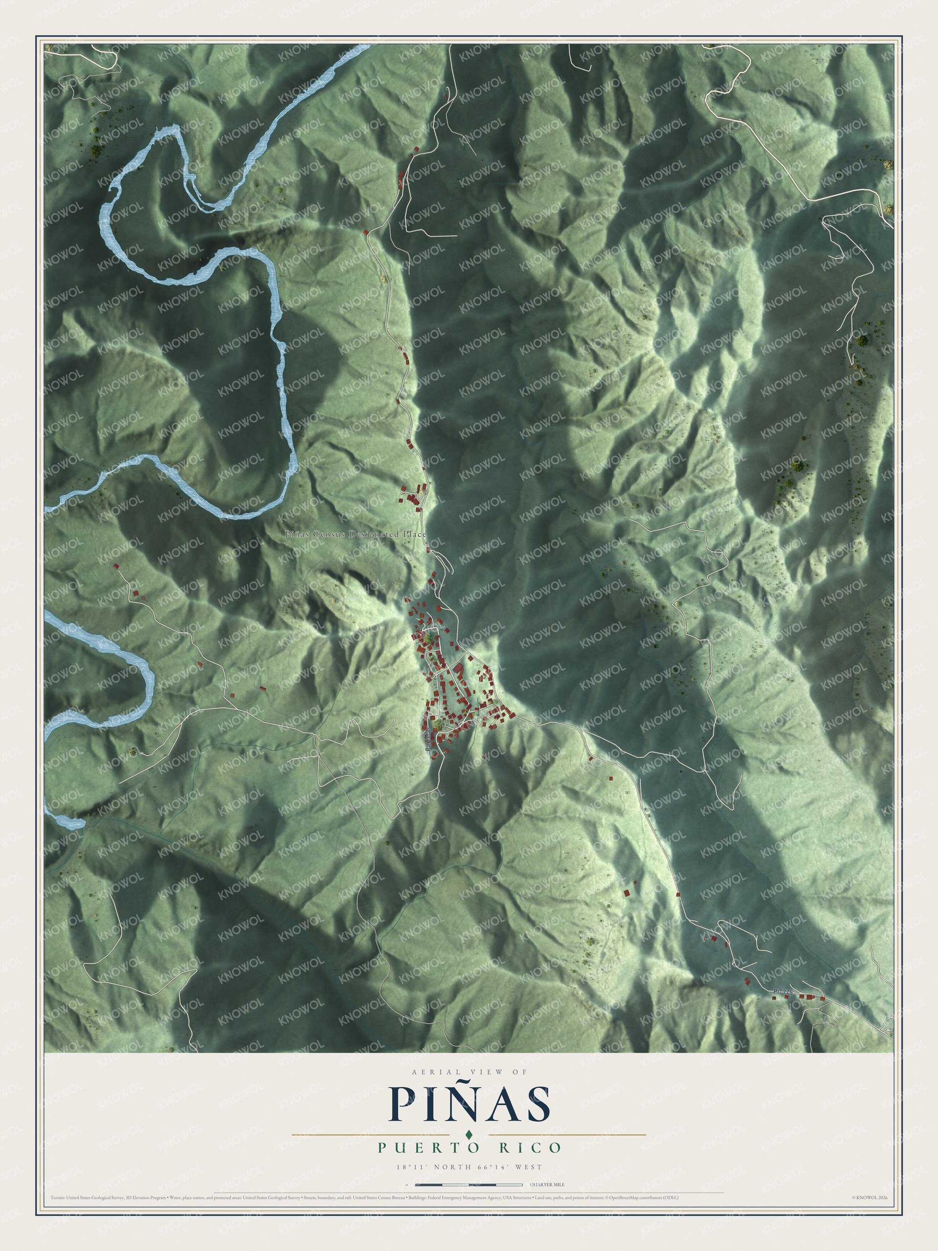 Full map of Piñas, Puerto Rico, with red buildings, printed street names and the land around them