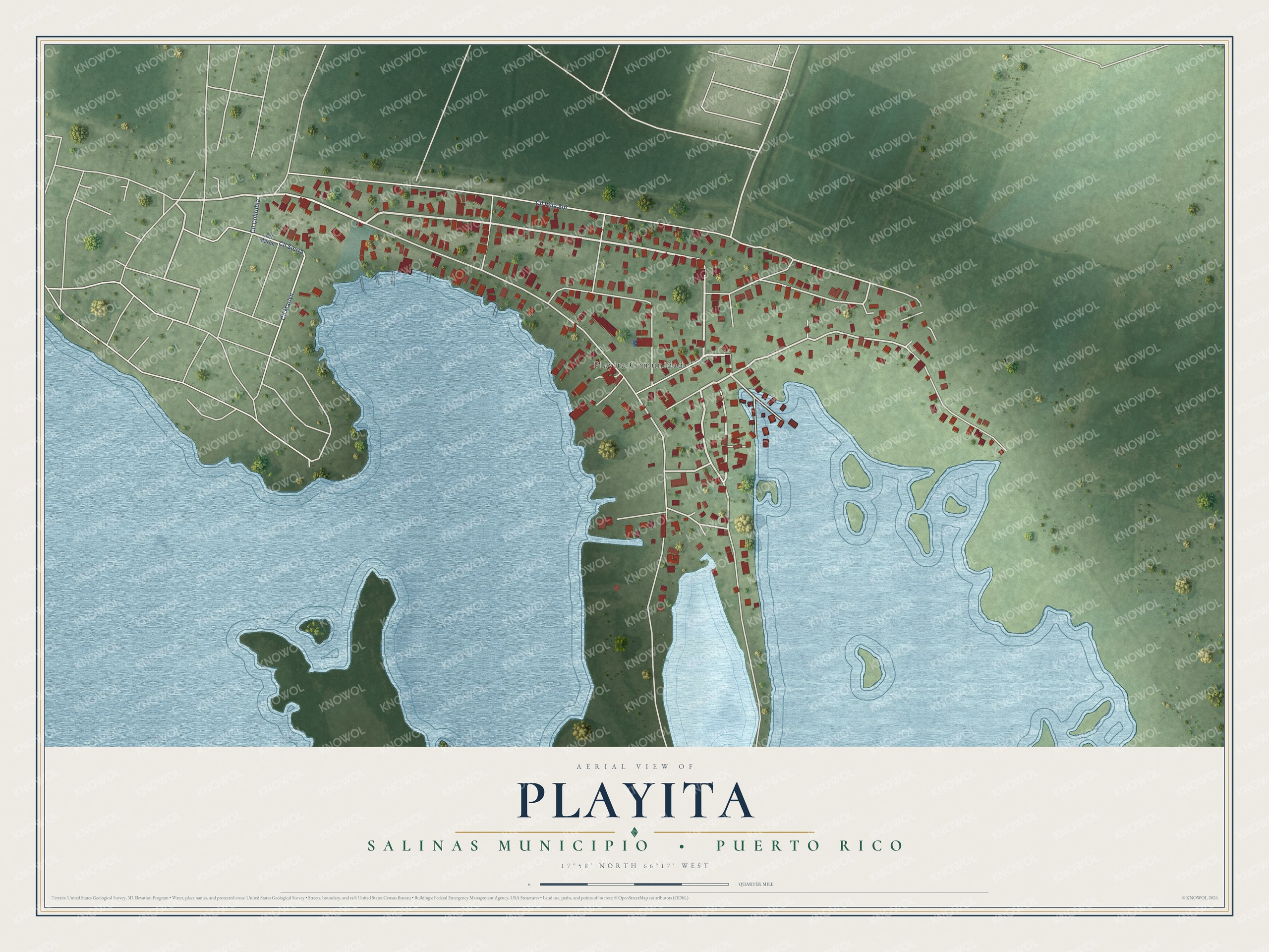 Full map of Playita, Puerto Rico, with red buildings, printed street names and the land around them