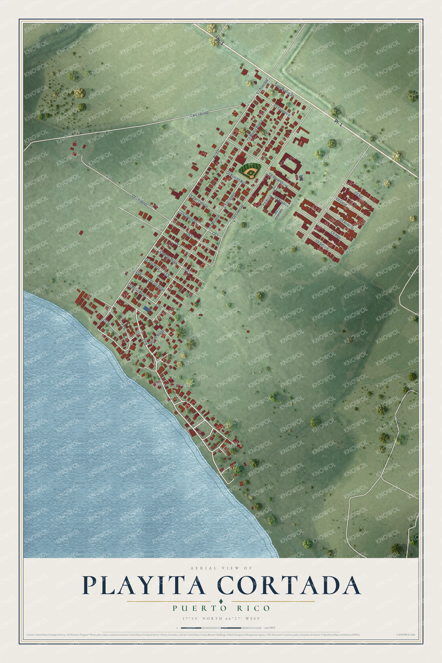 Full map of Playita Cortada, Puerto Rico, with red buildings, printed street names and the land around them