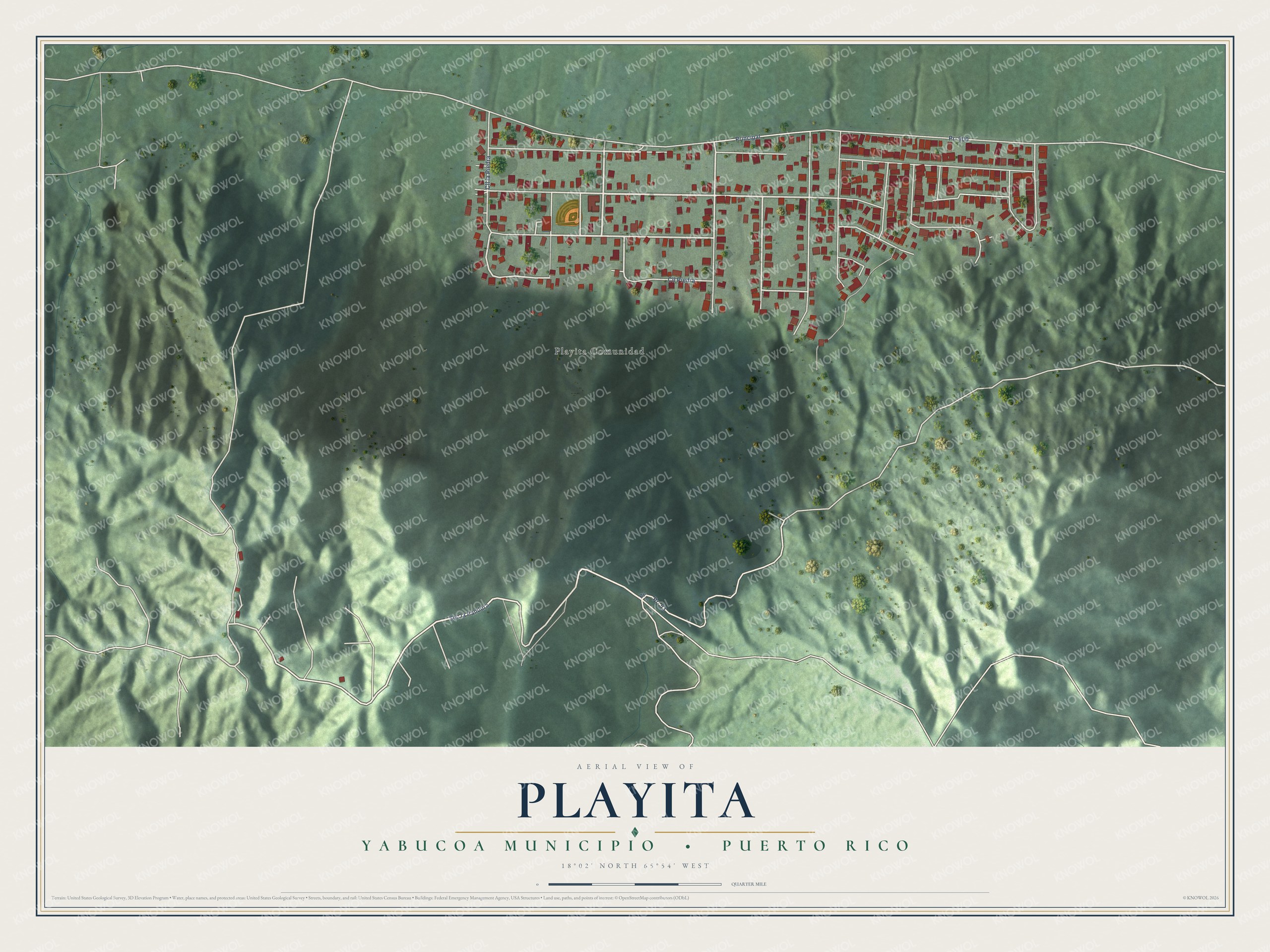 Full map of Playita, Puerto Rico, with red buildings, printed street names and the land around them