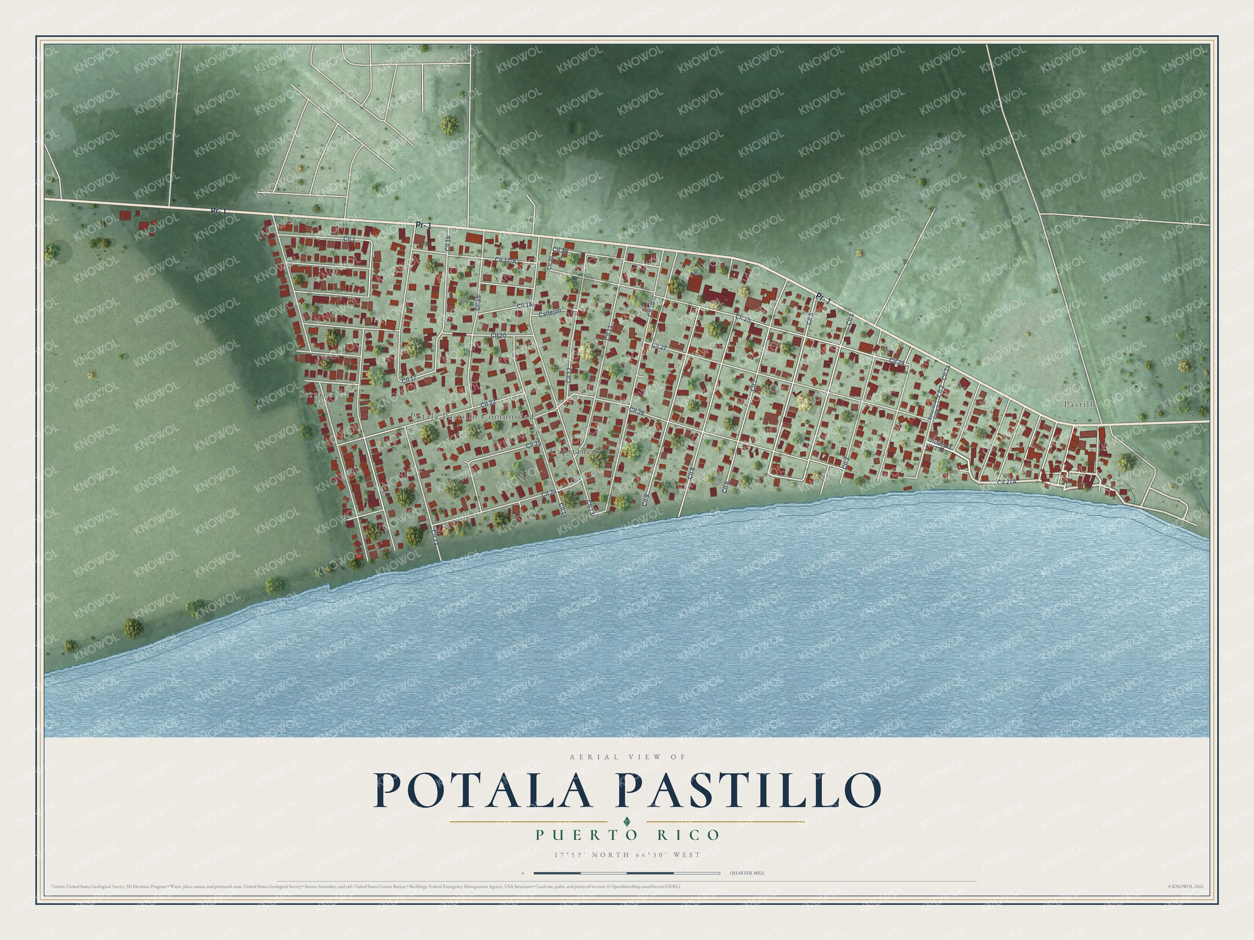 Full map of Potala Pastillo, Puerto Rico, with red buildings, printed street names and the land around them