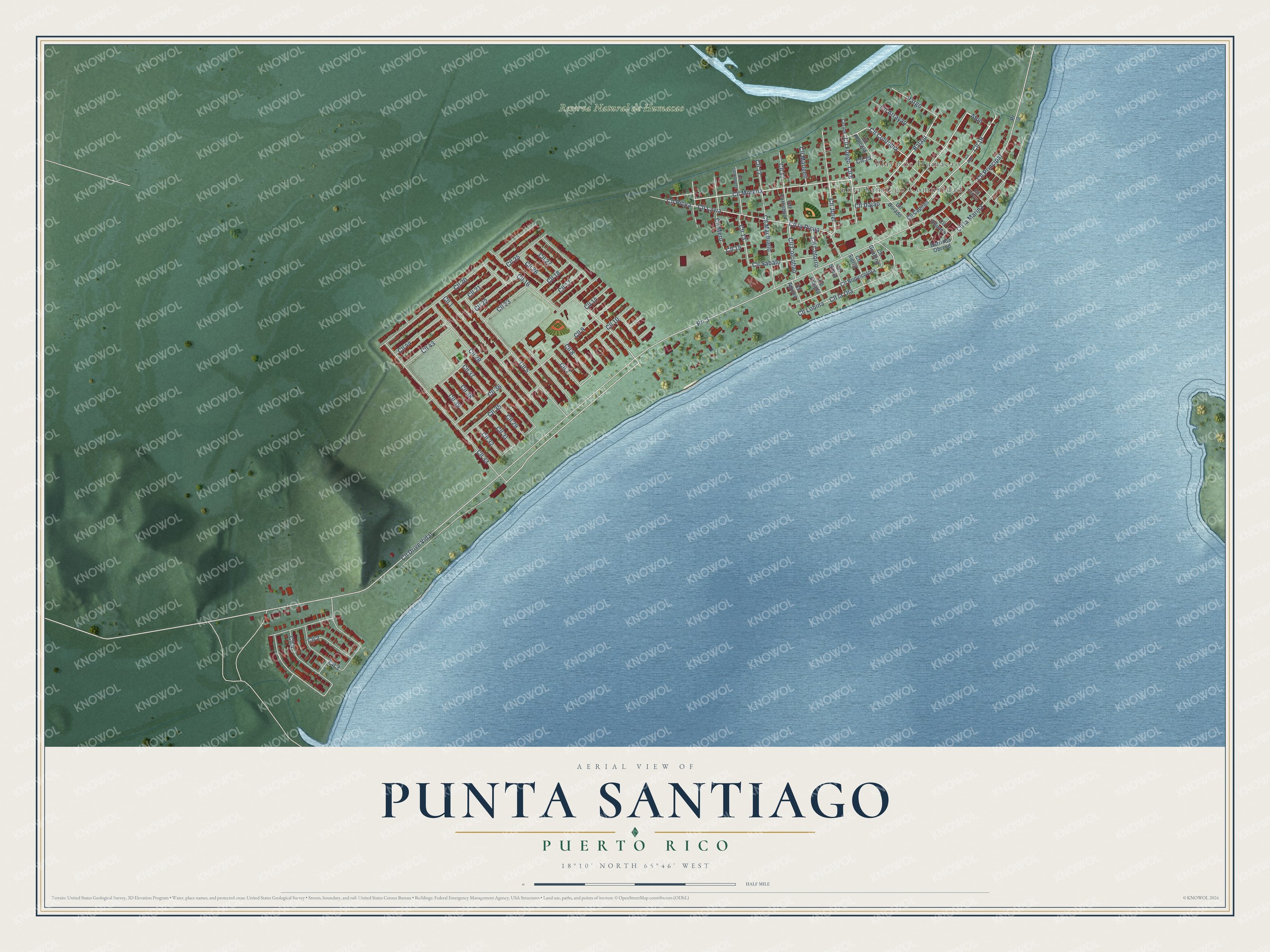 Full map of Punta Santiago, Puerto Rico, with red buildings, printed street names and the land around them