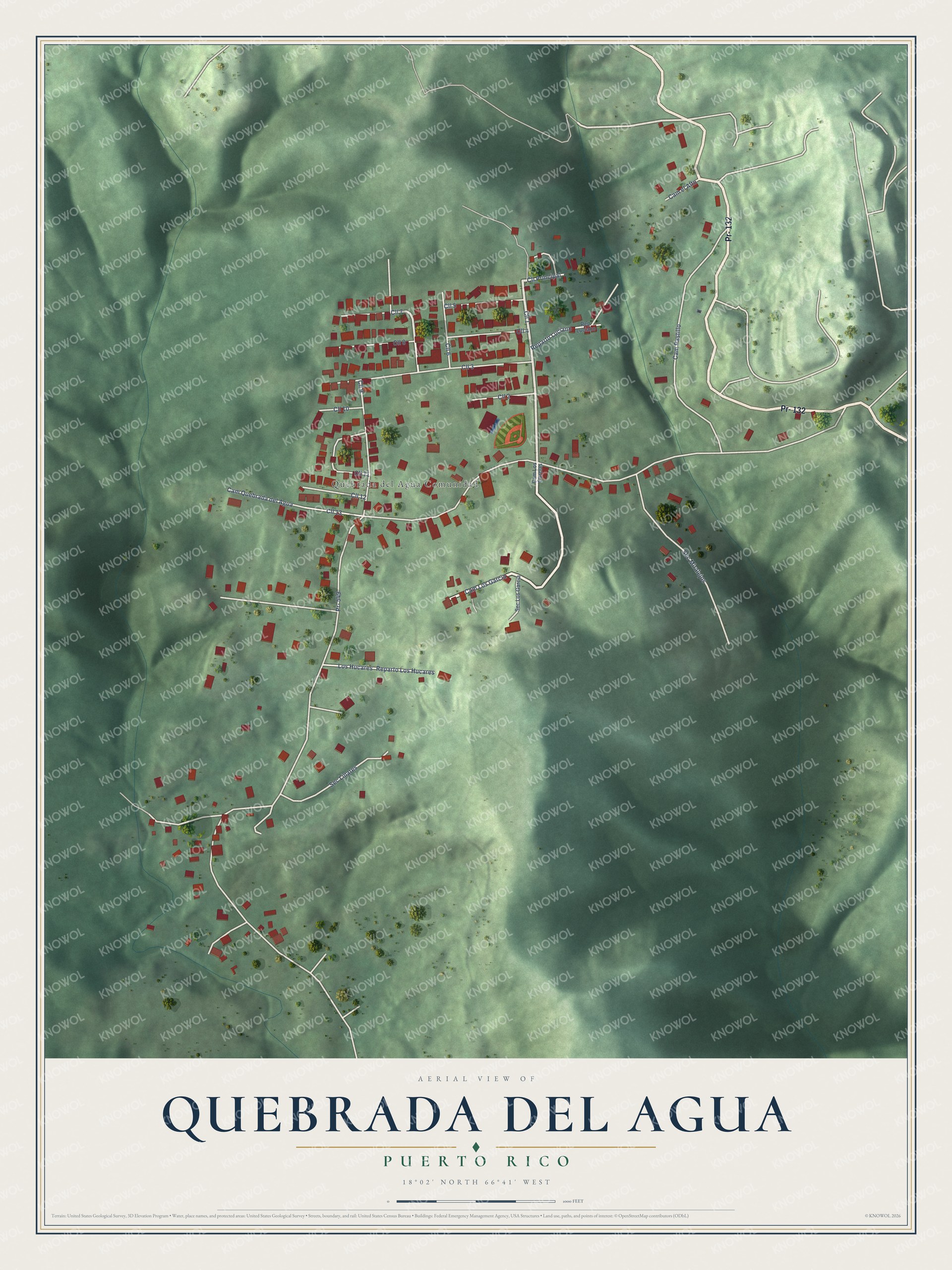 Full map of Quebrada del Agua, Puerto Rico, with red buildings, printed street names and the land around them